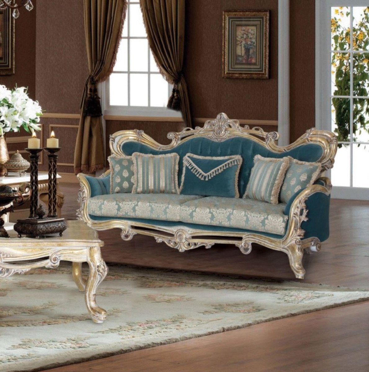 Casa Padrino Sofa Muster Sofa mit Barock Sofa Möbel Barockstil elegantem Wohnzimmer Handgefertigtes Wohnzimmer Blau Barock - Gold - Luxus 