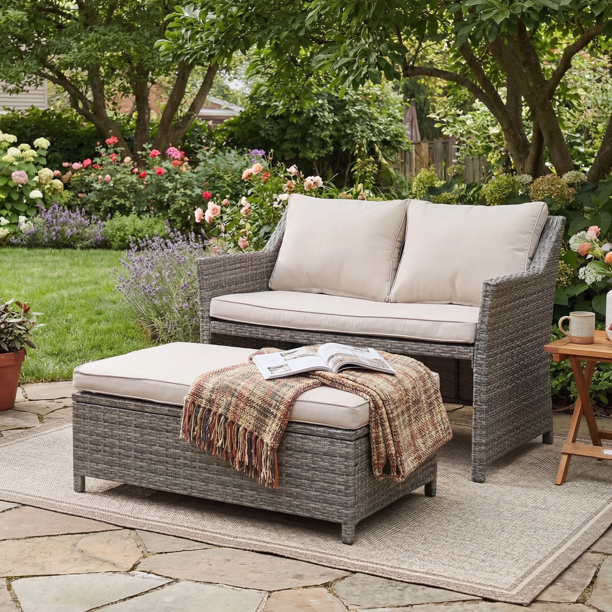 Sunsitt Gartenbank 2-tlg Outdoor Rattan Gartenbank (Terrasse Loveseat mit Couchtisch, mit integriertem Staufach), grauem Rattan und grauen Kissen