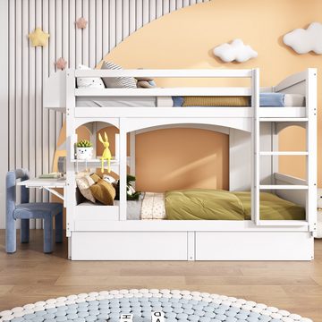 WISHDOR Etagenbett Kinderbett (ohne Matratze, 90*200), mit klappbarem Schreibtisch,Regal,Leiter und 2 Schubladen,Massivholz
