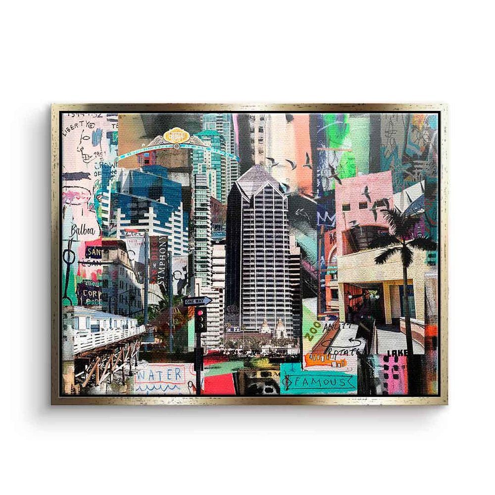 DOTCOMCANVAS® Leinwandbild, Leinwandbild Pop Art Standlandschaft San Diego mit premium Rahmen goldener Rahmen