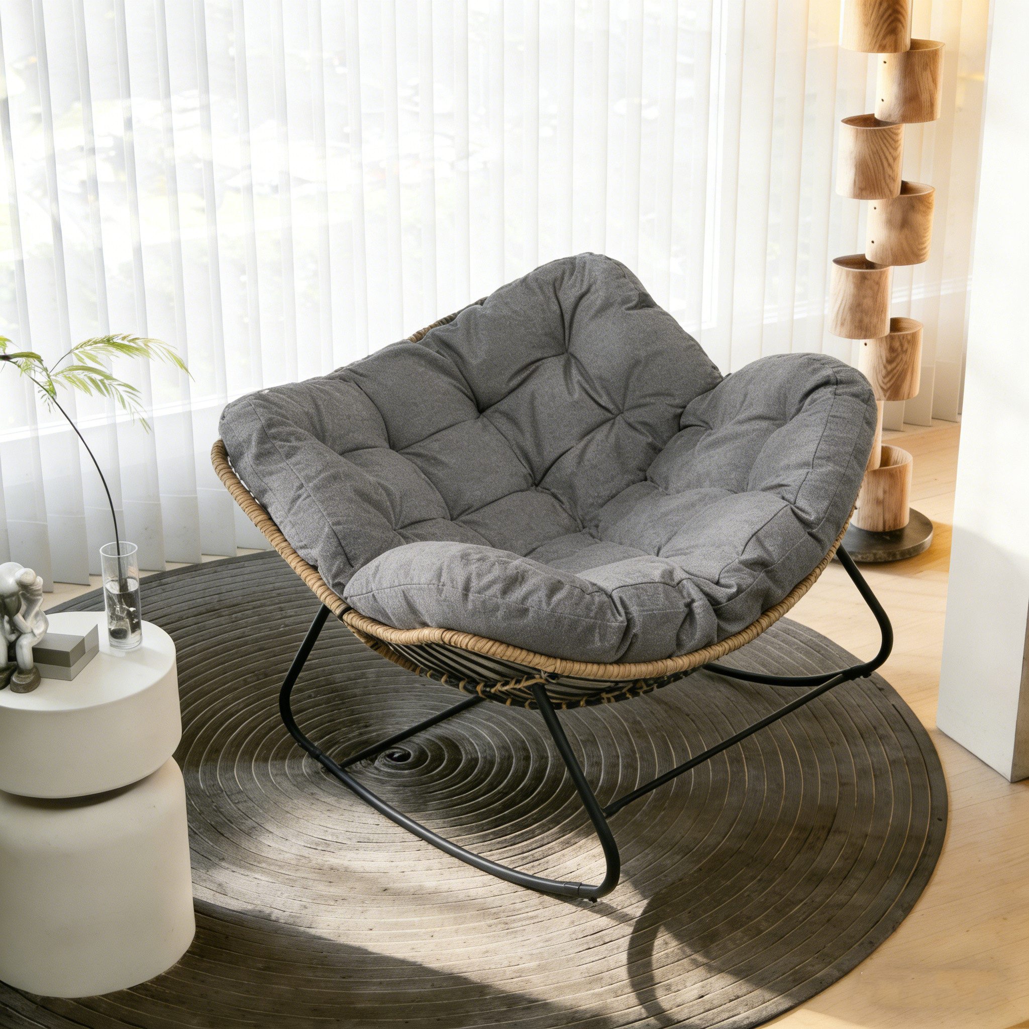 TWSOUL Schaukelsessel Extra dickes gepolstertem, Rattanstuhl Relaxstuhl mit Stahlrahmen, Bis 170kg, Dicke Kissen Balkon Garten Wohnzimmer Schlafzimmer