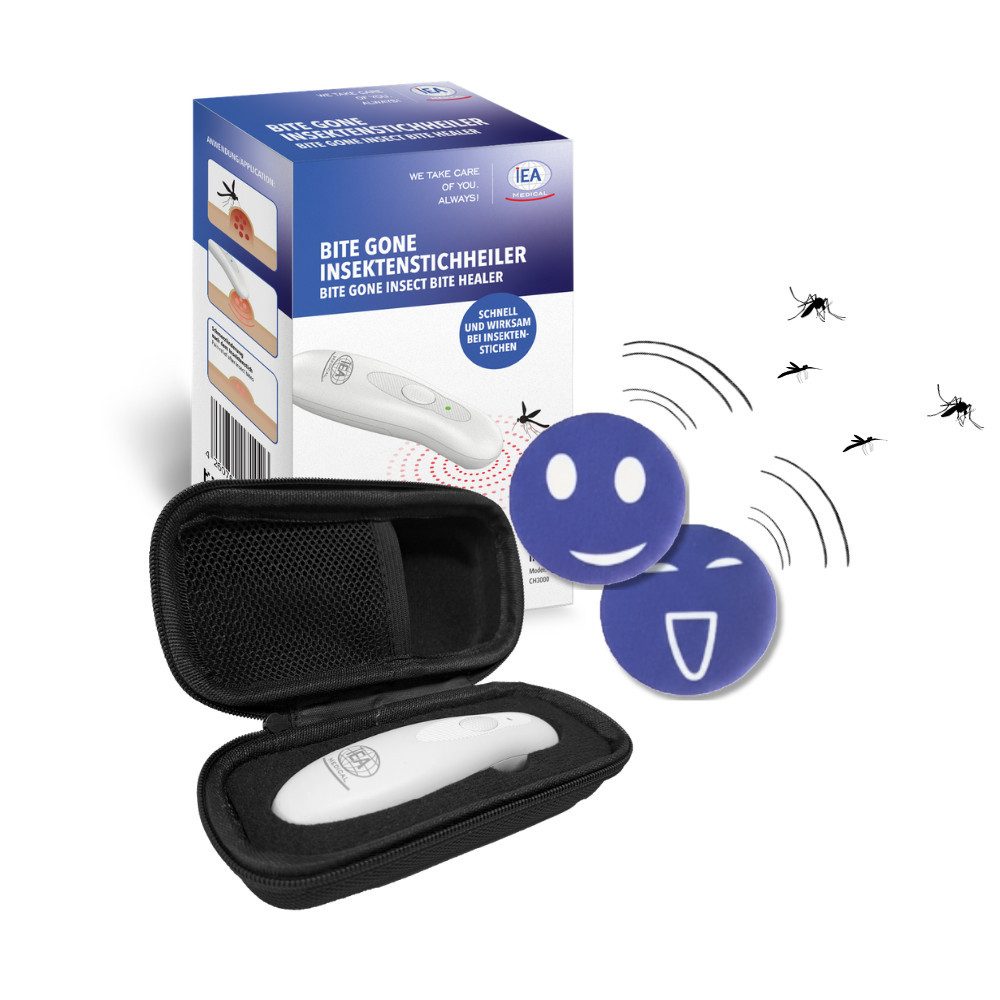 IEA Medical Insektenstichheiler Outdoor Bundle: Stichheiler (Batterie) + Mückenpflaster 60 + Tasche, 3-tlg., 3-in-1 Set: Batterie-Stichheiler, 60 Citronella Sticker, Schutztasche