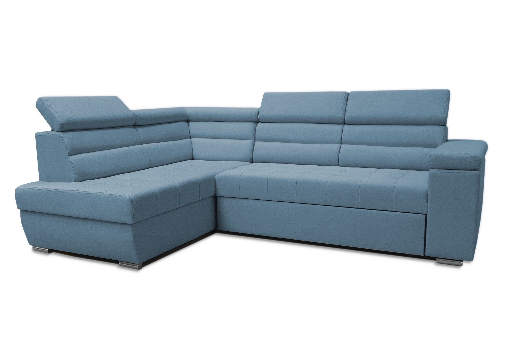 MOEBLO Ecksofa George, Verstellbaren Kopfstützen, Die Beine sind verchromt Sofa mit Ottomane Eckgarnitur Polsterecke, mit Relaxfunktion