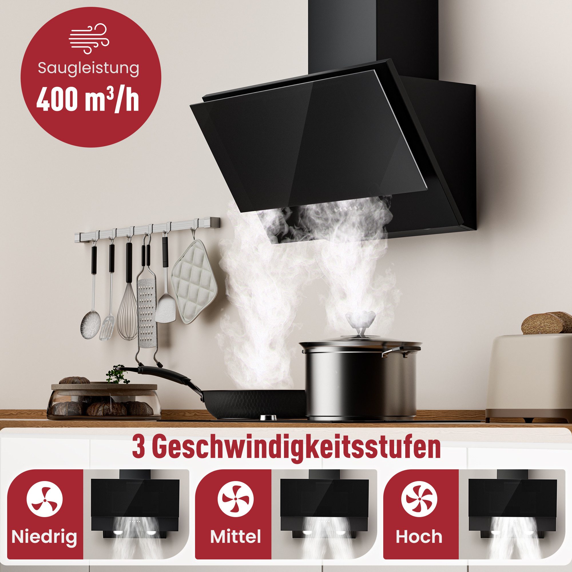 Levivo Kopffreihaube A+++ 400 m³/h Dunstabzugshaube 60cm Umluft & Abluft mit 2 Aktivkohlefiltern, 1 Fettfilter, 3 Stufen, Booster, 2 LEDs – Bild 2 von 5