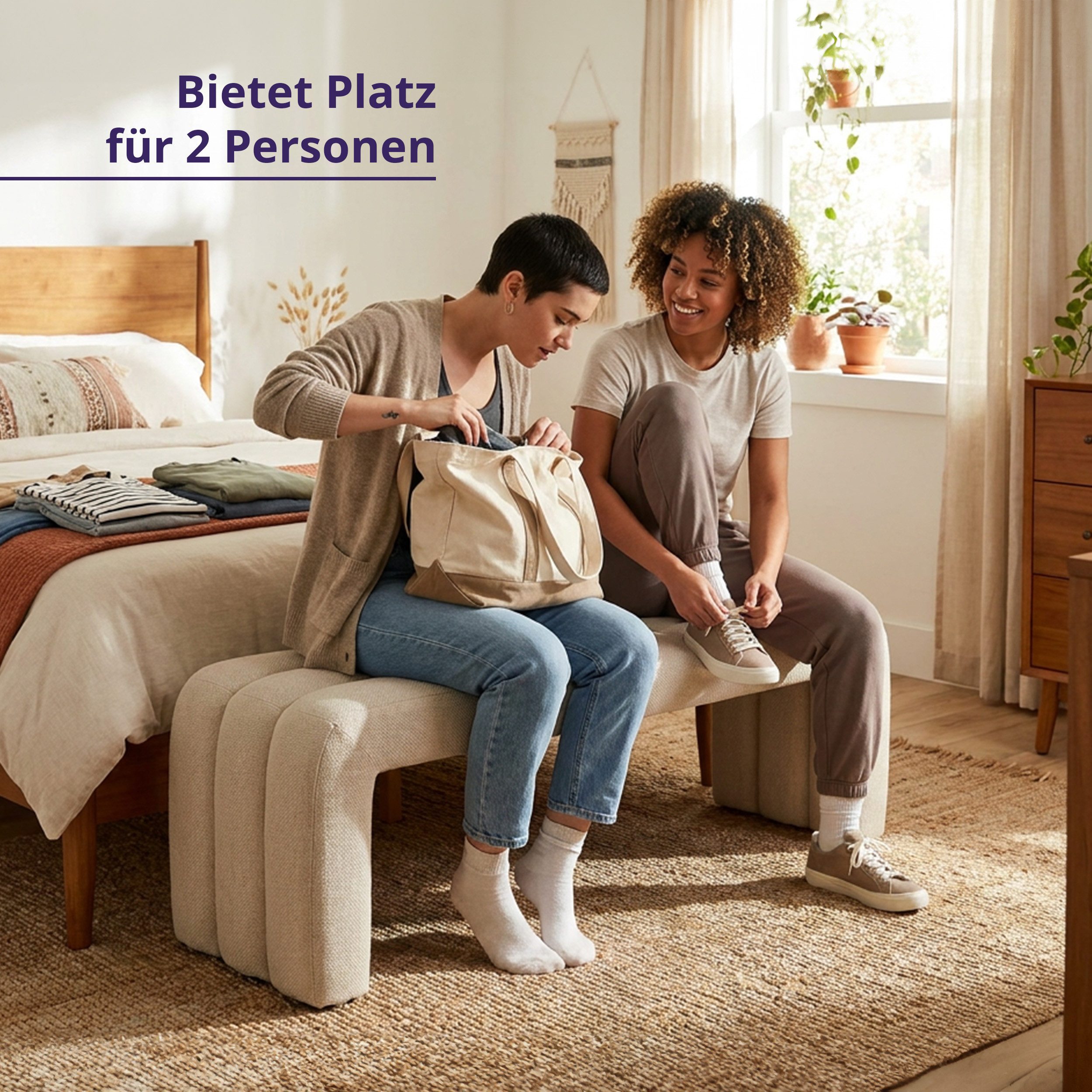 KHG Sitzbank minimalistische Bank 130x43 cm Flachgewebe Beige (Indoor-Bank), Weiches Schaumstoffpolster, Wangengestell bis 220 kg belastbar – Bild 5 von 5
