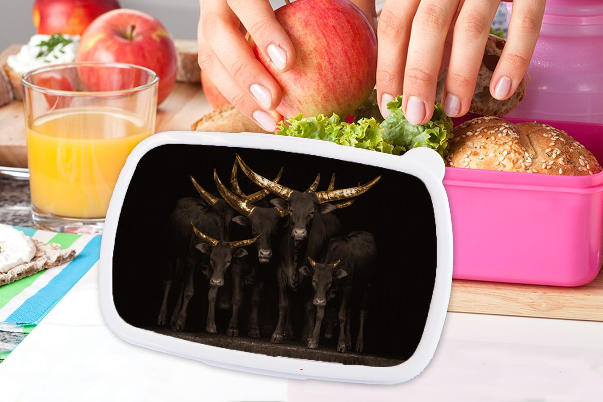 MuchoWow Lunchbox - Snackbox, Kühe Kinder, für Hörner rosa Brotbox - (2-tlg), Erwachsene, Brotdose Kunststoff Gold, Kunststoff, Mädchen