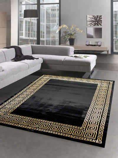 Teppich Teppich Wohnzimmer mit Bordüre im Mäander Muster schwarz gold, Carpetia, rechteckig, Höhe: 12 mm