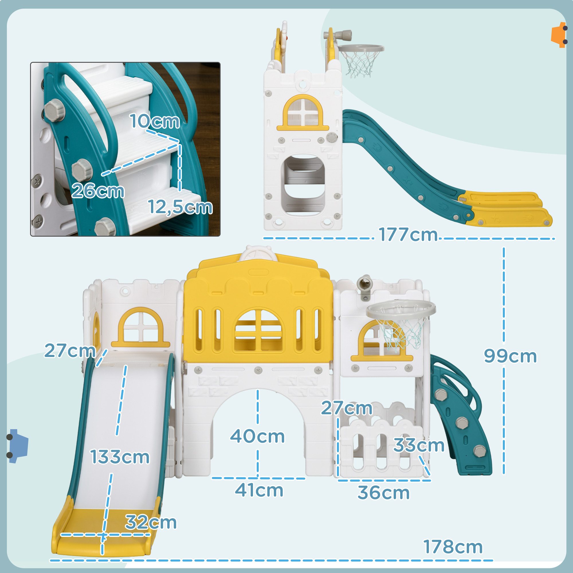 AIYAPLAY Rutsche Kinder Gartenrutsche 7-in-1 Klettergerüst mit Basketballkorb, (Kleinkinderrutsche, 1-tlg., Kinderrutsche), für 1-3 Jahre, Gelb
