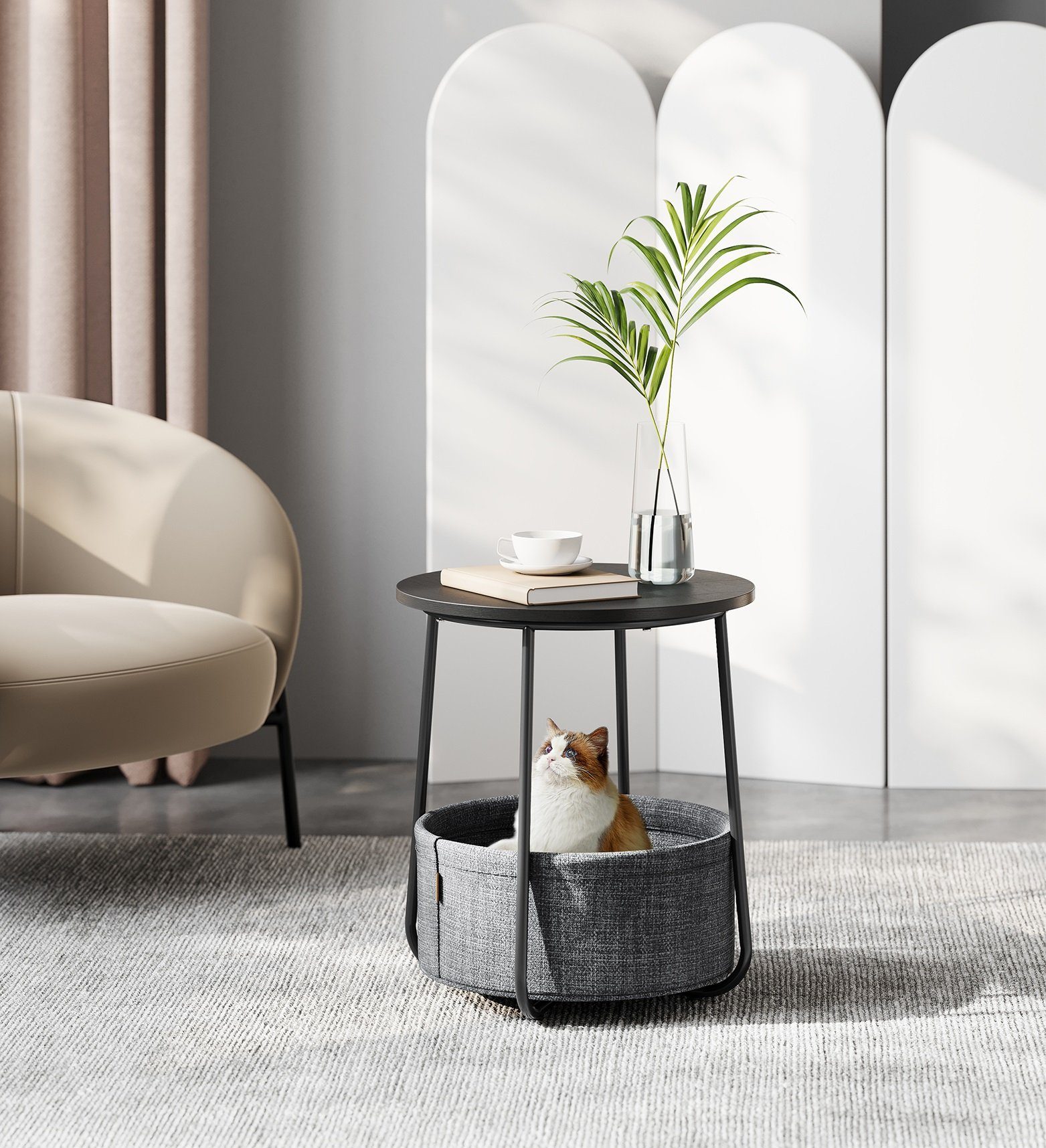 VASAGLE Beistelltisch, rund, Couchtisch, mit Korb aus Stoff, Ø45 cm, modern günstig online kaufen