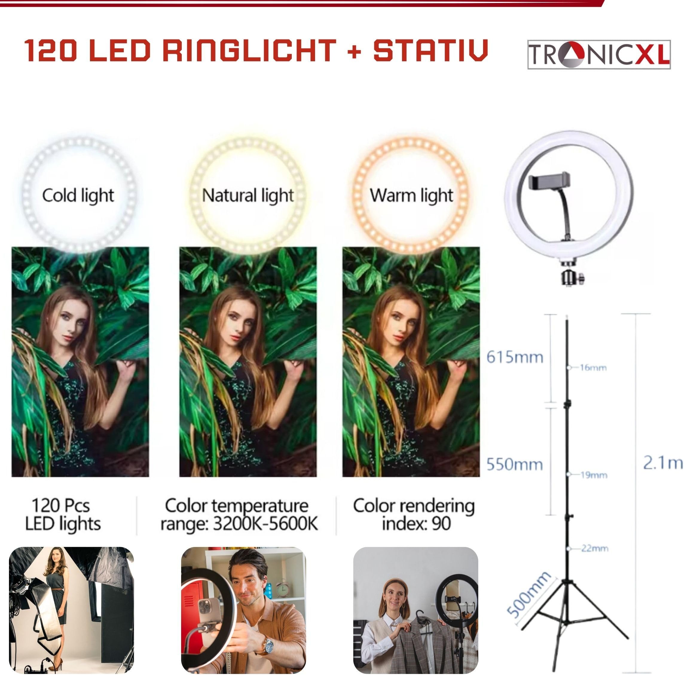 TronicXL Ringlicht Ringlicht mit 2m Stativ groß Ring Light Handy Smartphone Halterung, höhenverstellbar