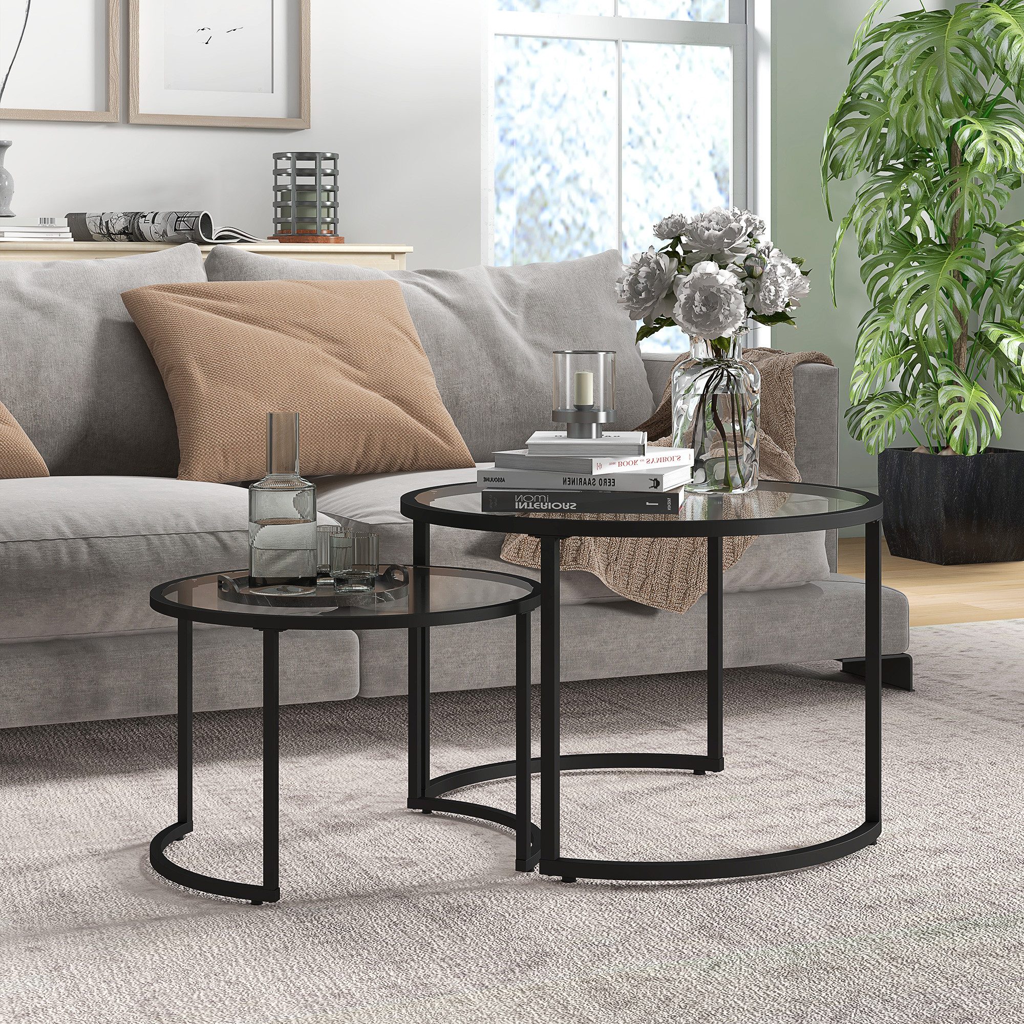 HOMCOM Couchtisch rund Beistelltisch Hartglas-Tischplatte, teilweise stapelbar (Kaffeetisch, 2-St., Sofatisch), für Wohnzimmer, Schlafzimmer Schwarz