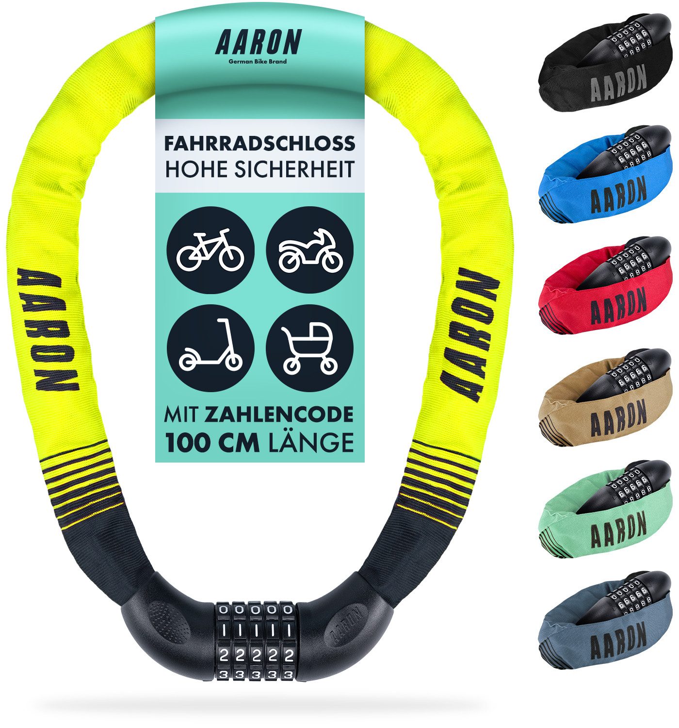 AARON Kettenschloss Lock One Fahrradschloss mit Zahlencode 100 cm Stahl Stadtrad Tour