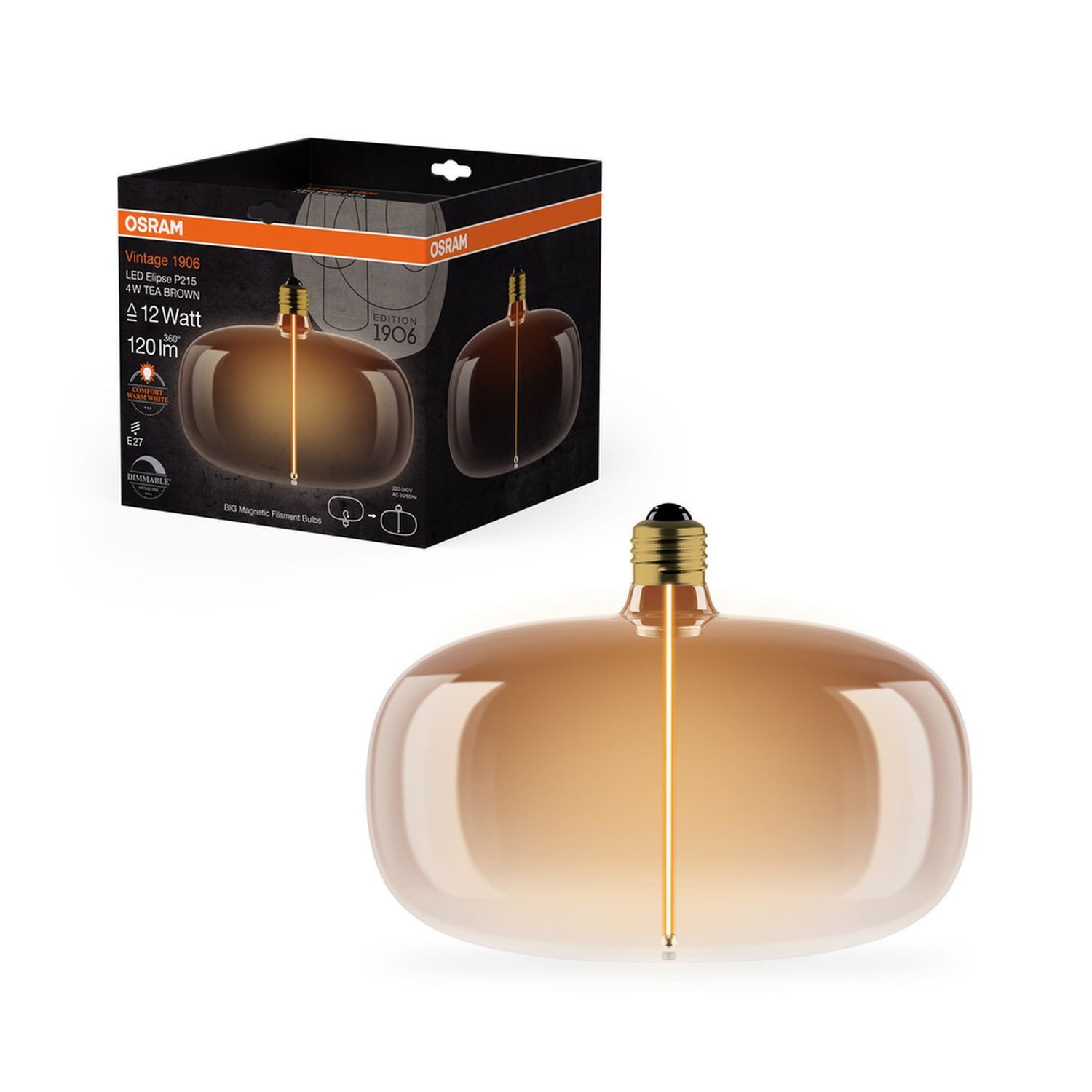 Licht-Erlebnisse LED-Leuchtmittel LAMP, E27, Warmweiß, Retro Birne Glas in Braun E27 Ø 21.5 cm 1800 K 120 lm ultra-warmweiß