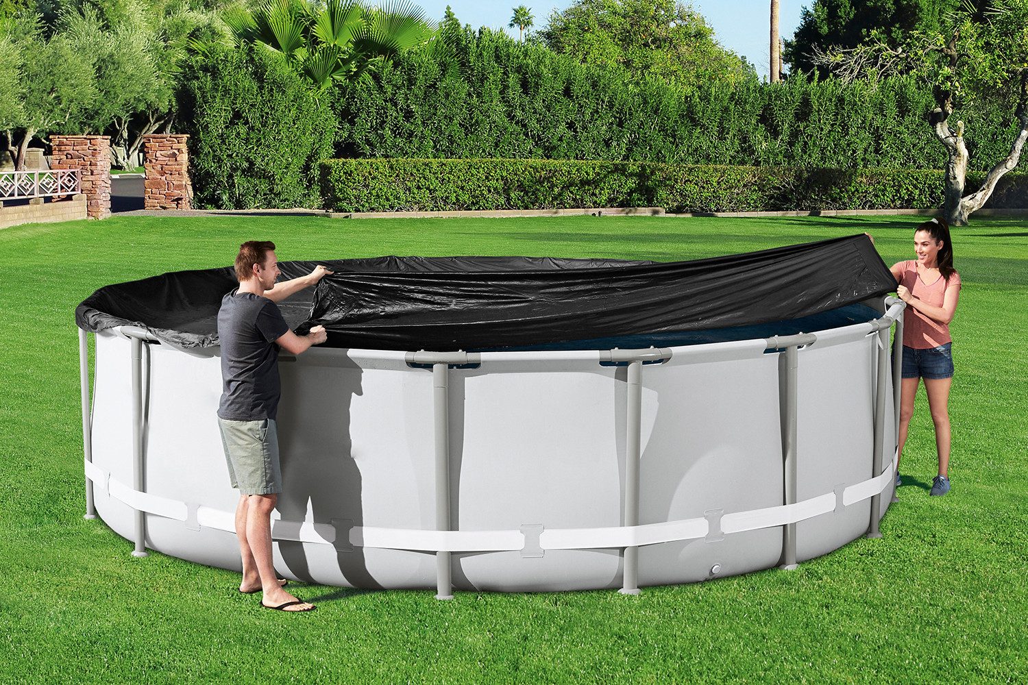 Bestway Pool-Abdeckplane Ø 493 cm (Packung, 1-St., Inklusive Befestigungsseilen), schwarz, rund