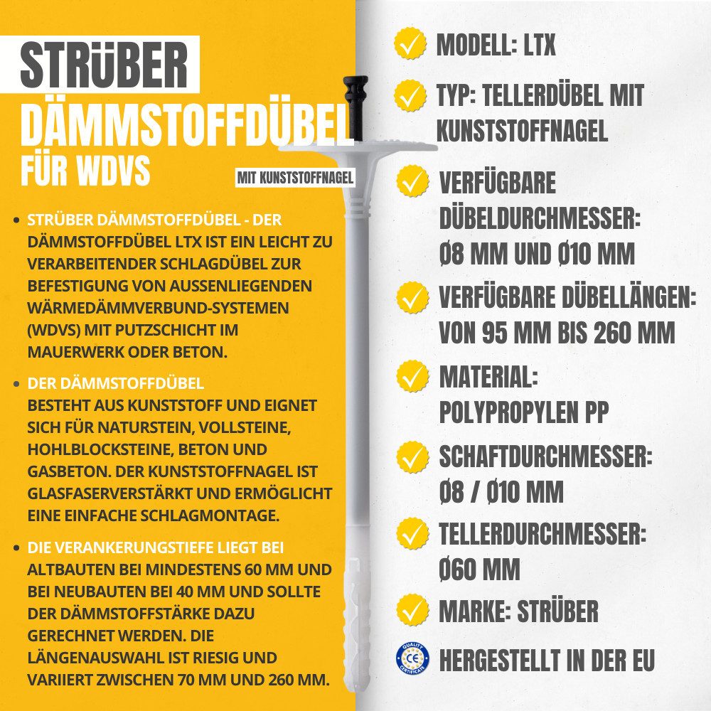 STRÜBER Schrauben- und Dübel-Set WDVS SET (Dämmstoffdübel mit Kunststoffnagel + Rondelle + Fräser)