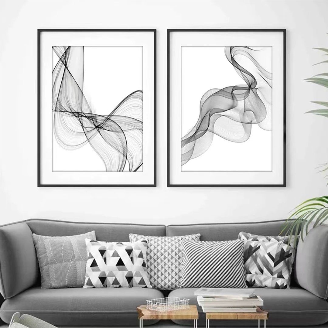 Minimalistische Wellenlinien-Leinwandgemäldekern, abstrakter (3 Schwarz-weißer L.Ru Kunstdruck UG Innenwandkunst, St), Wohnzimmer-Wohndekoration