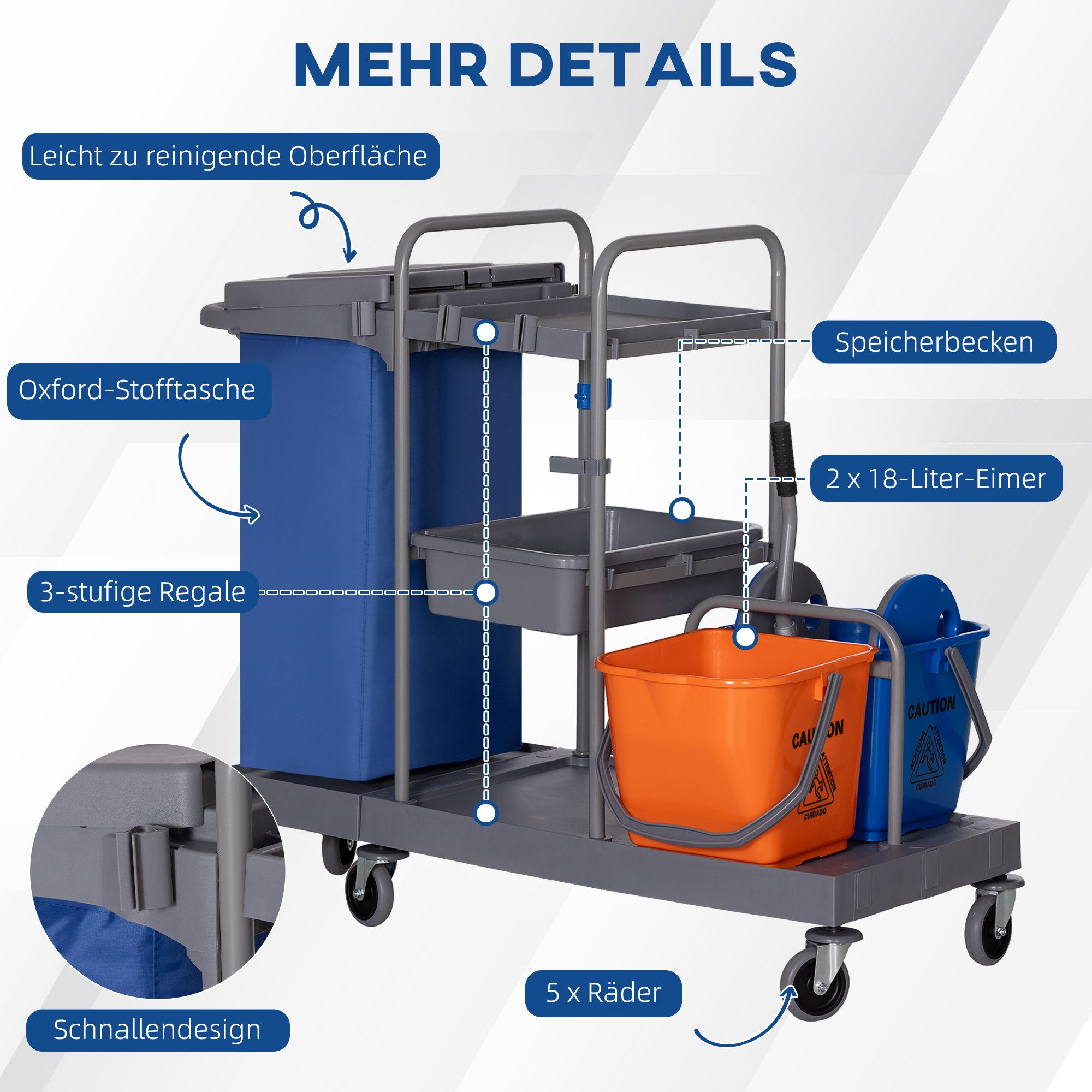 HOMCOM Putzeimer Reinigungswagen mit 3 Ebenen, 2x18L Eimer, Abfallsack, (Systemwagen, 1-tlg., Reinigungswagen mit Eimern und Abfallsack), Mit Auswringer und gro – Bild 5 von 5