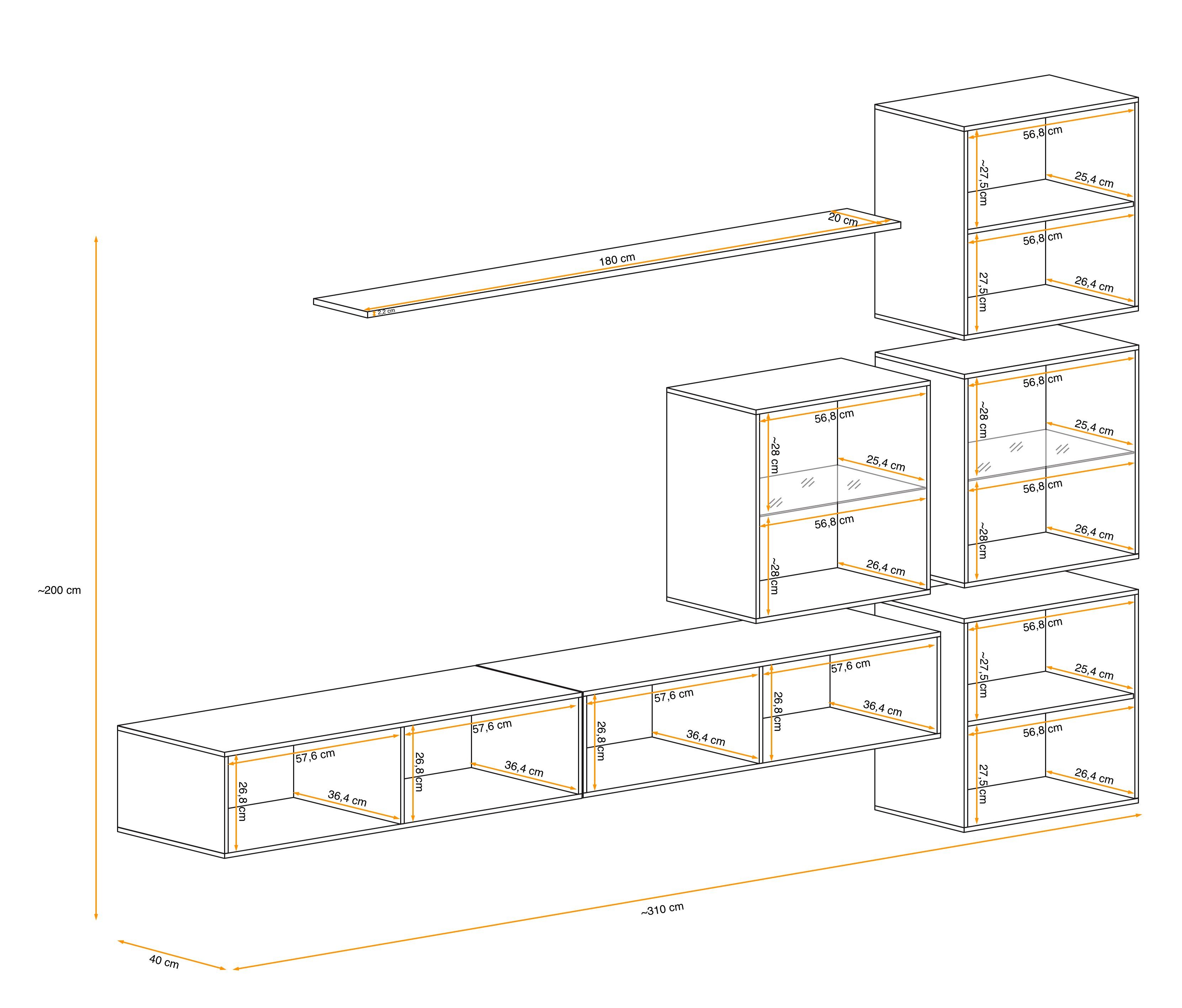 L, Eiche Schwarz Wohnzimmer-Set), aus - (7 2×Lowboard, Swotch (Set 4×Wandschrank, XIX bestehend Stylefy 1×Wandboard, hängend St), Wotan Wohnwand