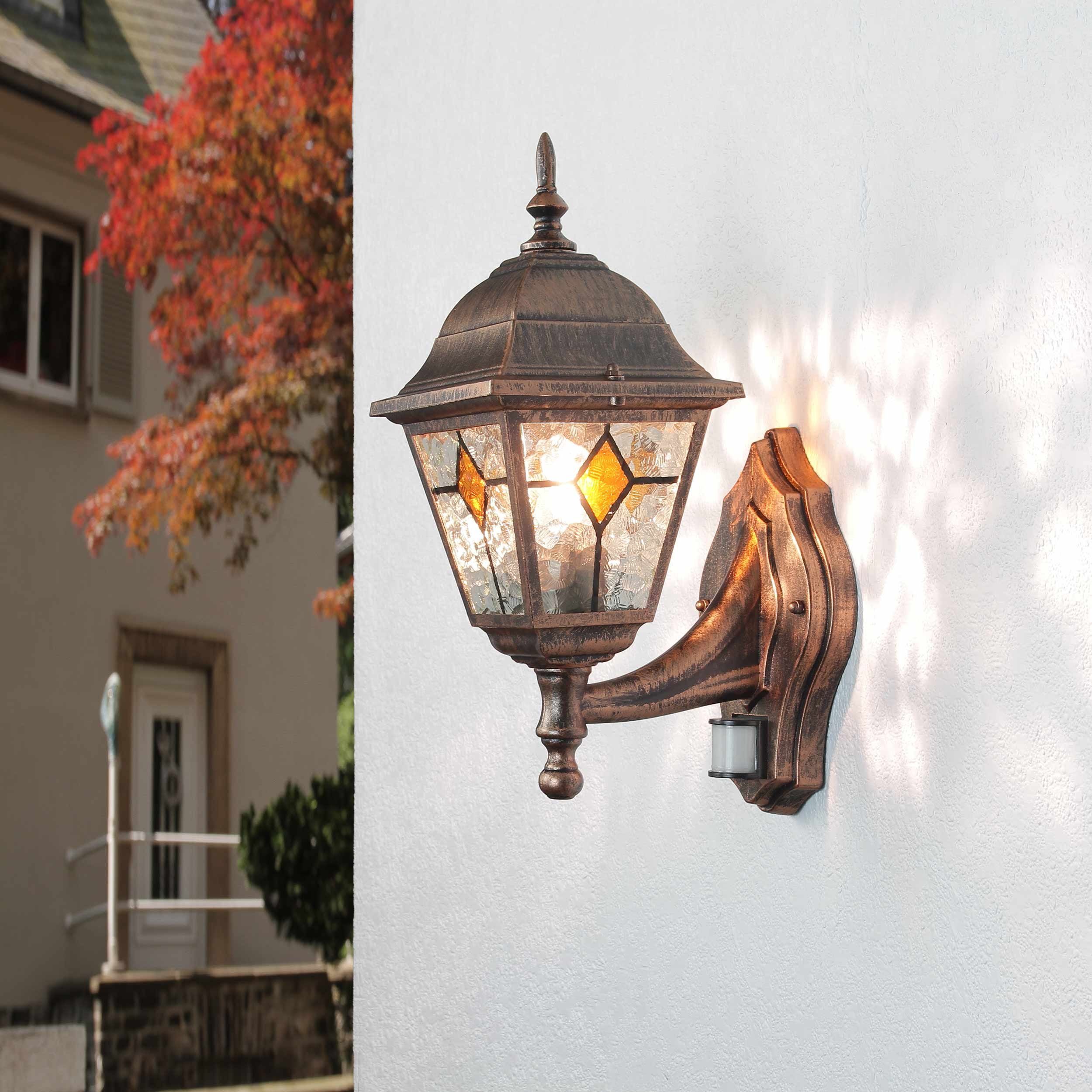 Licht-Erlebnisse Außen-Wandleuchte SALZBURG, ohne Leuchtmittel,  Außenleuchte mit Bewegungsmelder Kupfer antik Wand Balkon Lampe