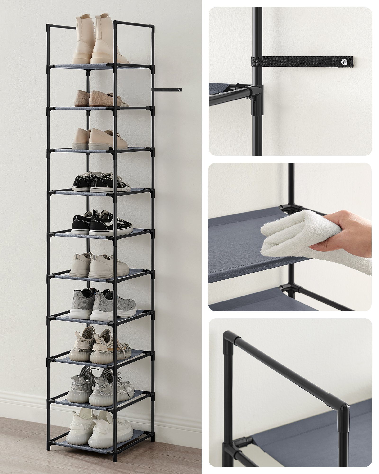 SONGMICS Schuhregal Schuhschrank, für 20 Paar Schuhe und Stiefel, mit 10 Ebenen,Metallgestell,Schuhablage