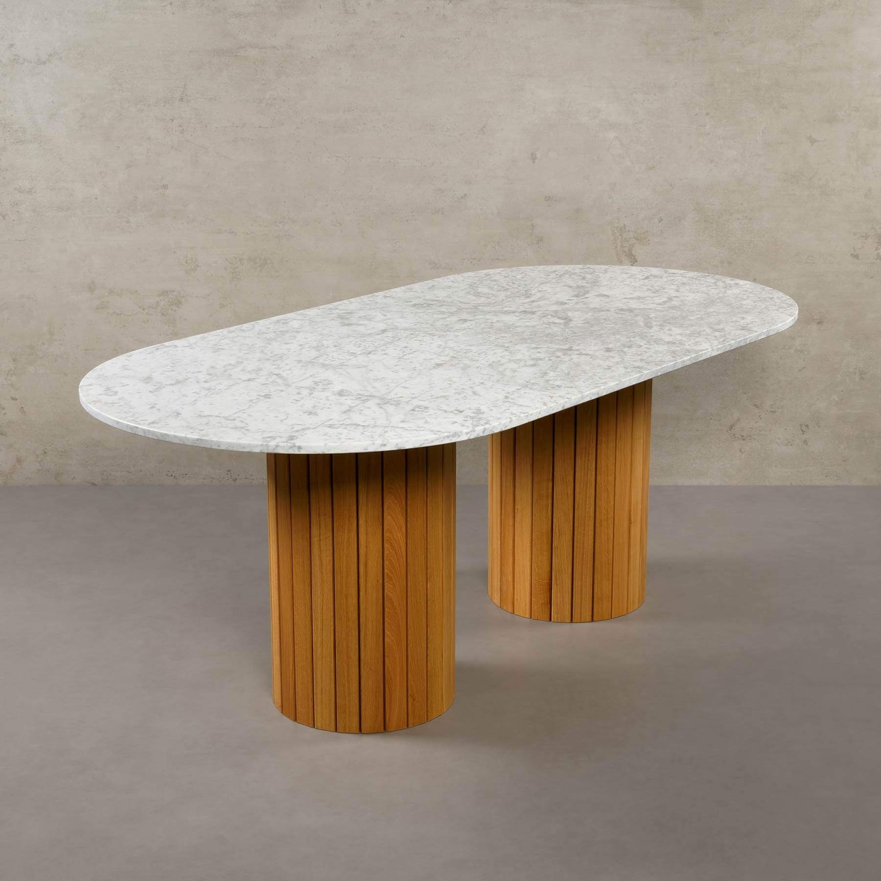 Gestell, Tisch Carrara MARMOR, 200x100x76cm mit Atelier Eichenholz Montana rund, Esstisch Esstisch ECHTEM MAGNA Bianco