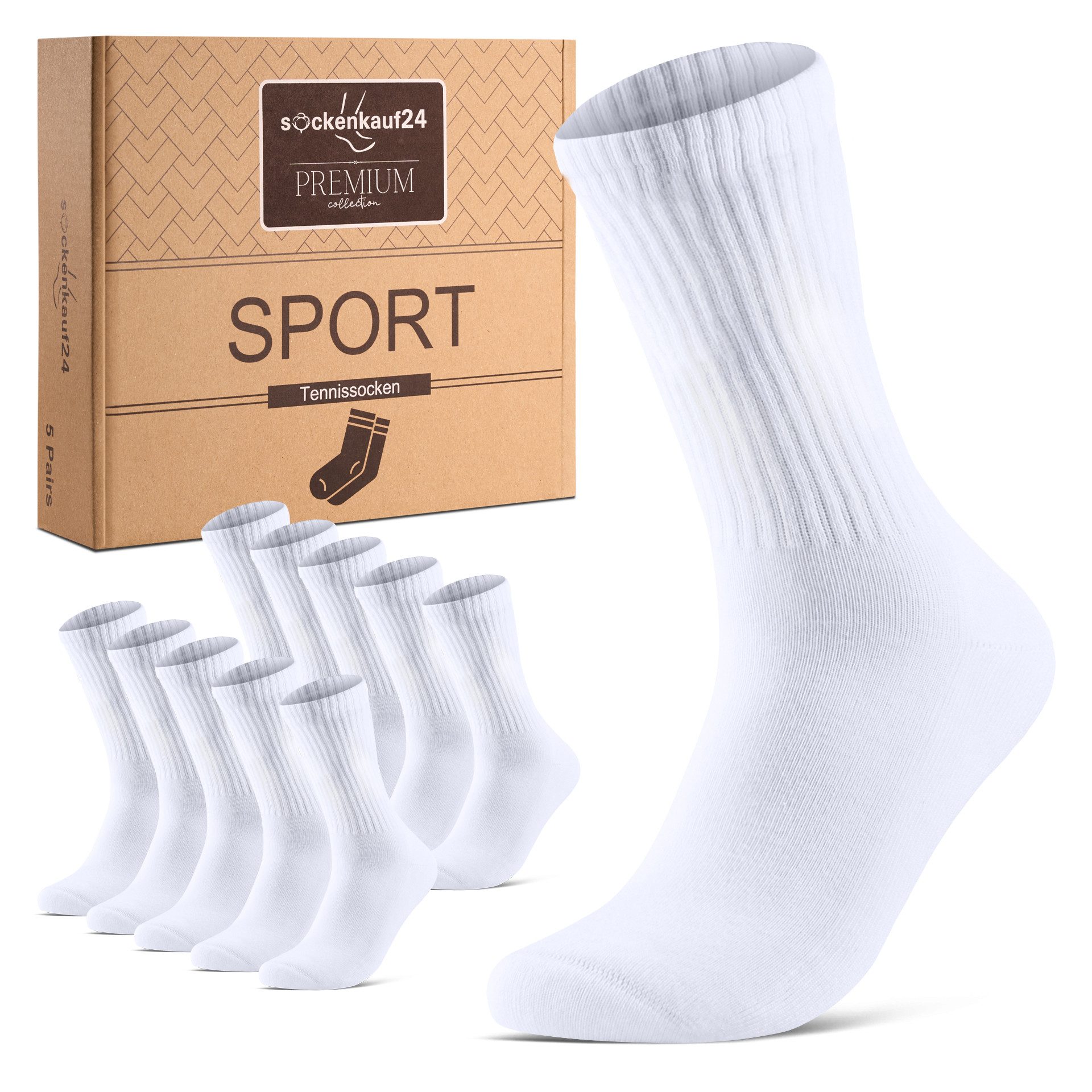 sockenkauf24 Tennissocken Sportsocken Damen & Herren Atmungsaktive Premium Crew Socken (5 Paar) verstärkte Ferse & Fußspitze, gepolsterte Sohle, Baumwolle