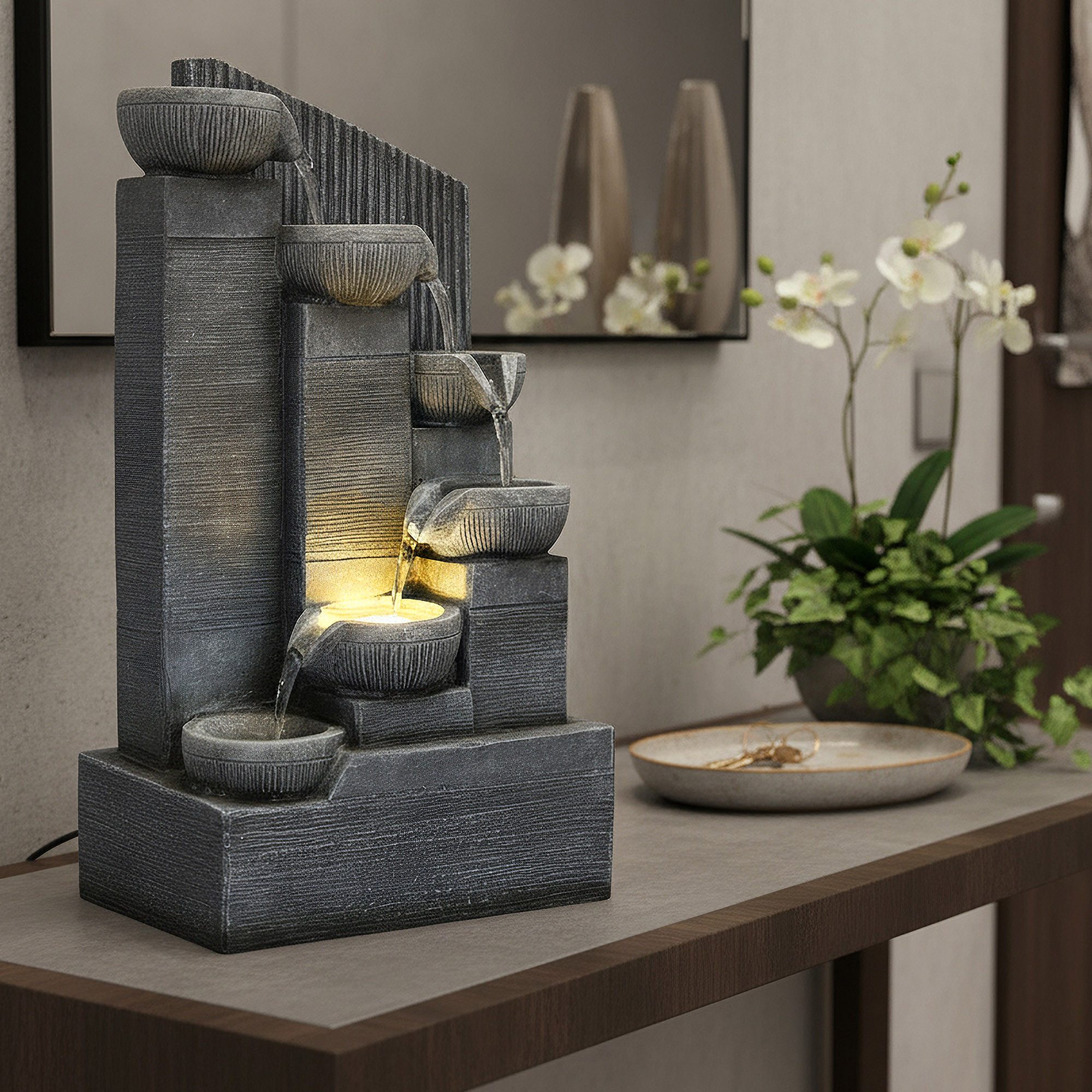 Arnusa Фонтан комнаты Springbrunnen Kaskade mit LED Beleuchtung für Innen- & Außenbereich, 25 cm Breite, Gartendeko Wohnzimmerdeko Wasserspiel Steinoptik