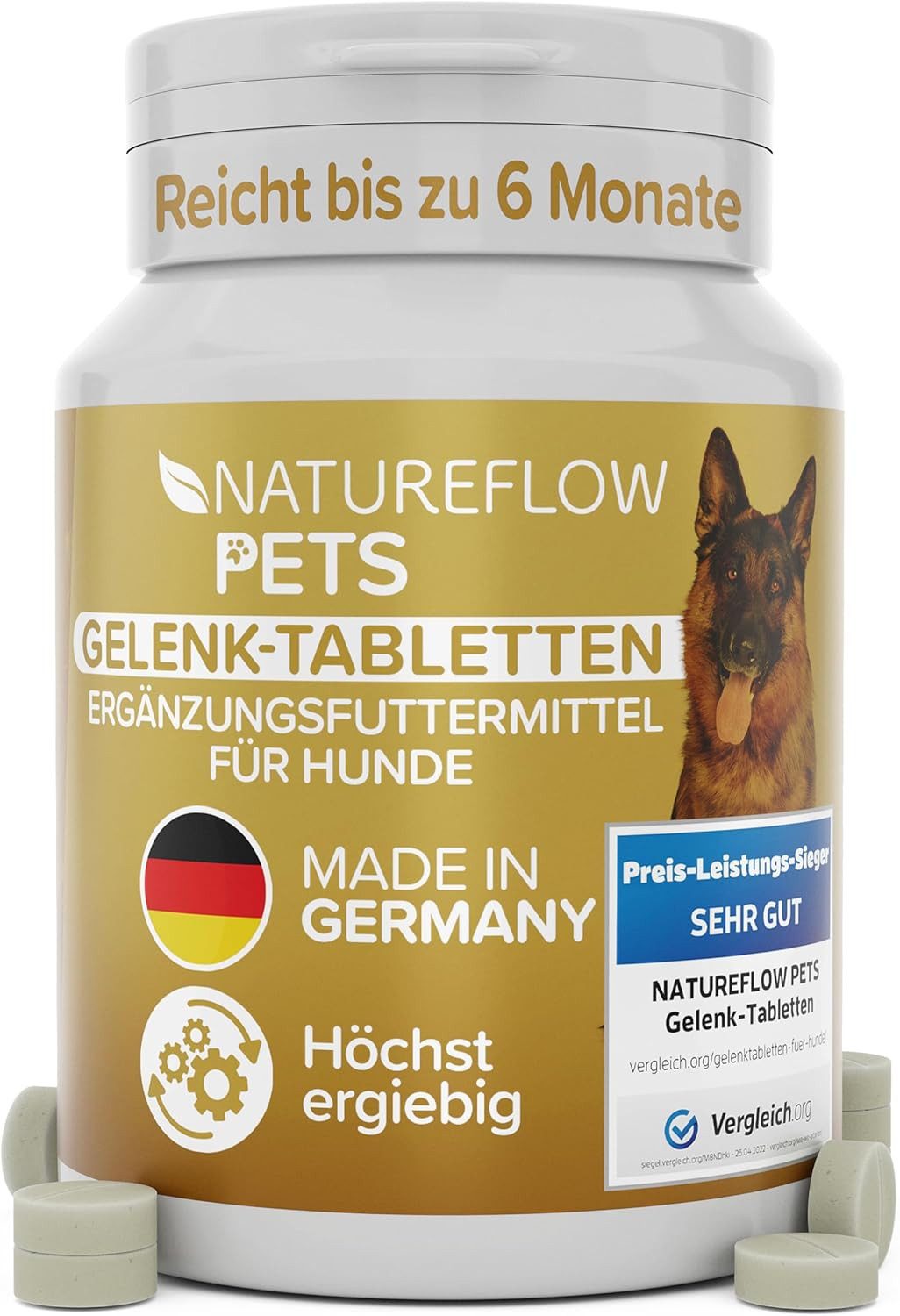 Natureflow Hunde Gelenktabletten mit Grünlippmuschel, Glucosamin, MSM & Teufelskr, Ergänzungsfutter für: Hund