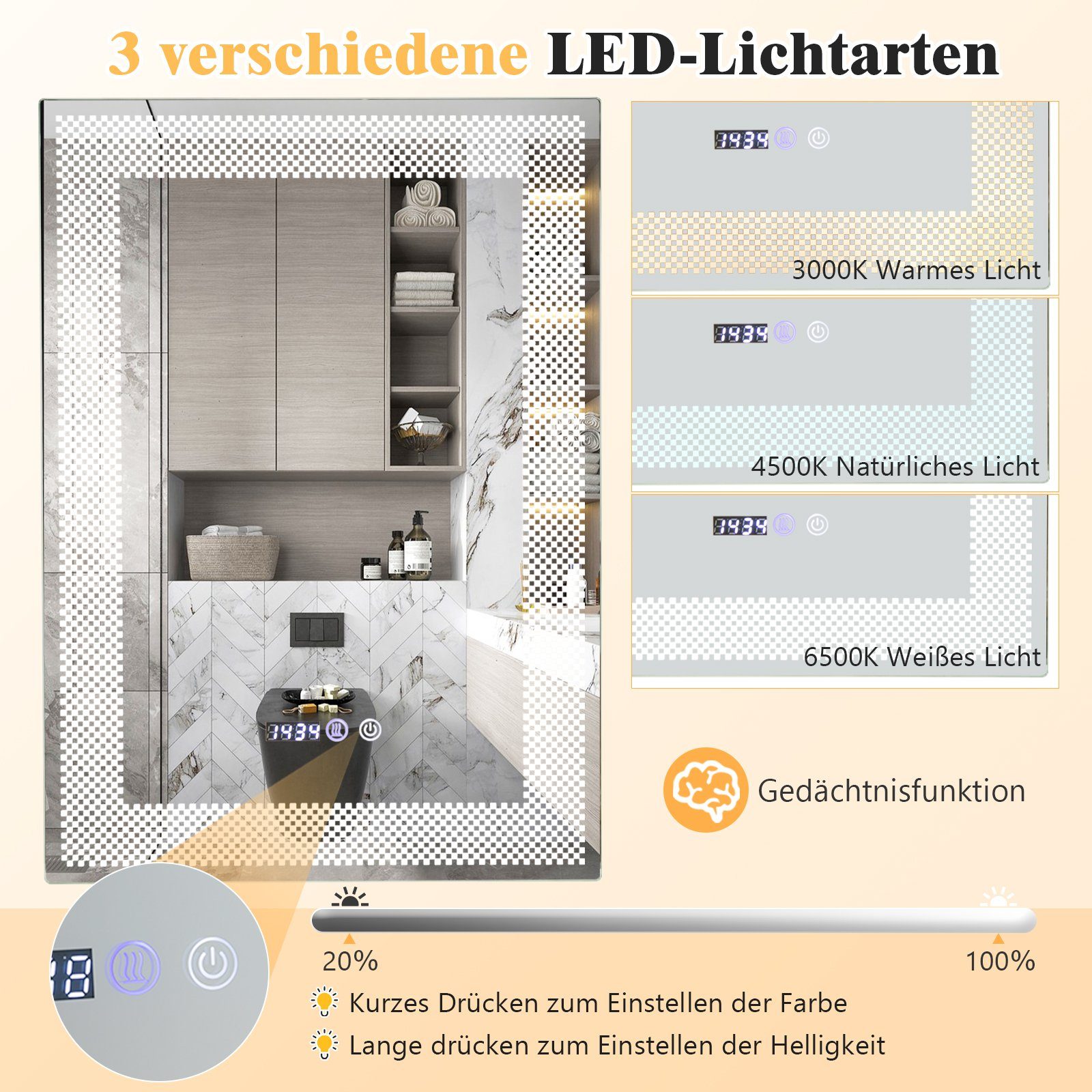 COSTWAY Badspiegel, Touch LED Spiegel, 70 günstig online kaufen