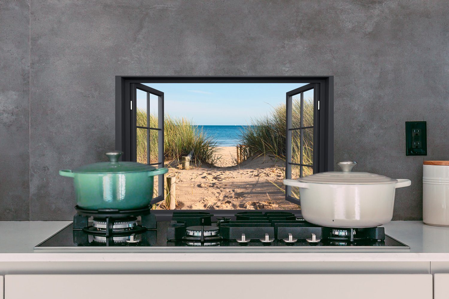 MuchoWow Küchenrückwand Durchblick küchen Wasser cm, - - Wandschutz, - 60x40 Sand Dünen, aus Meer - Strandhafer Herdblende Strand (1-tlg), - Temperaturbeständig 
