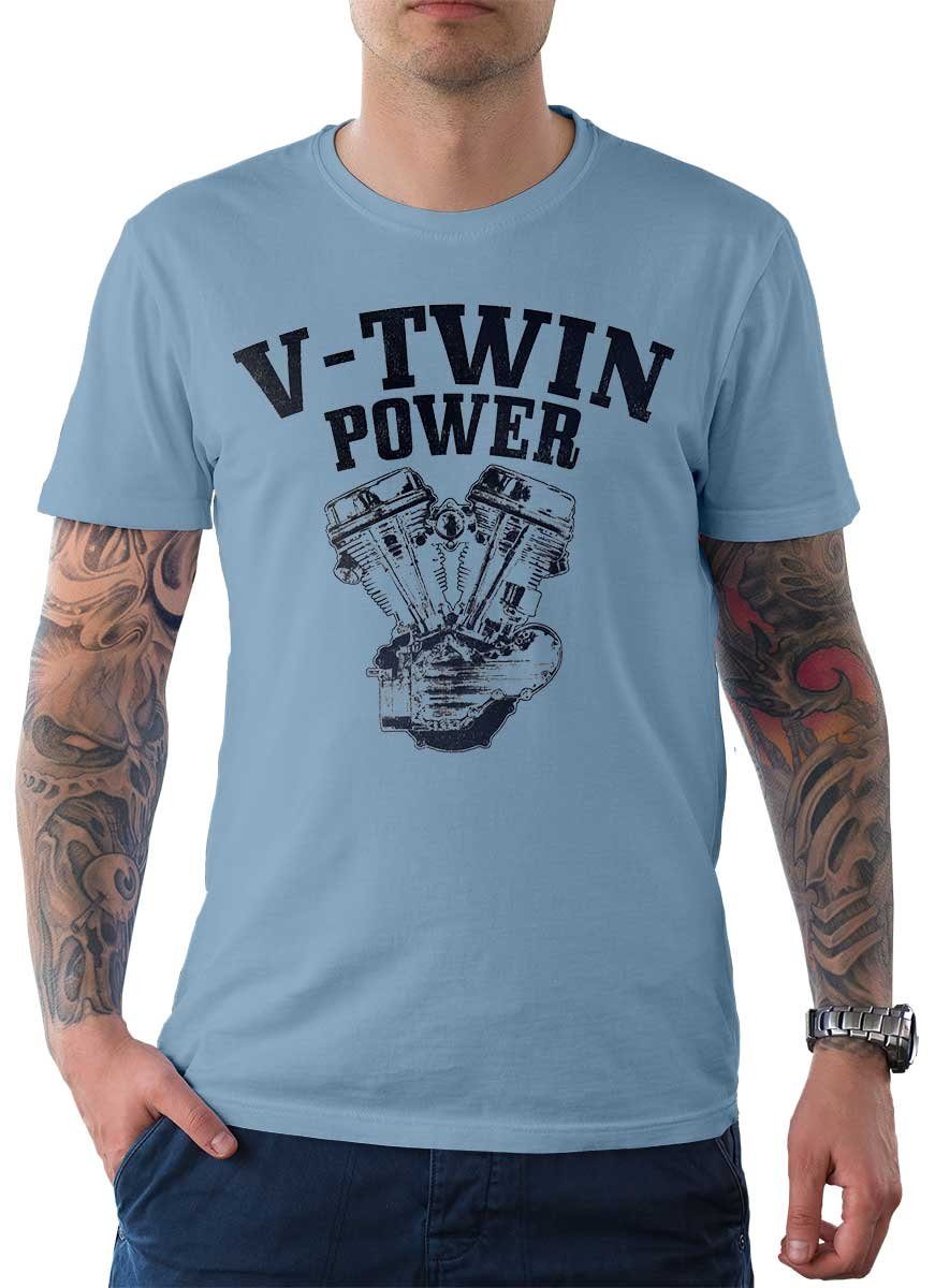 Rebel On Wheels T-Shirt Herren T-Shirt Tee V-Twin Power mit Biker / Motorrad Motiv Hellblau