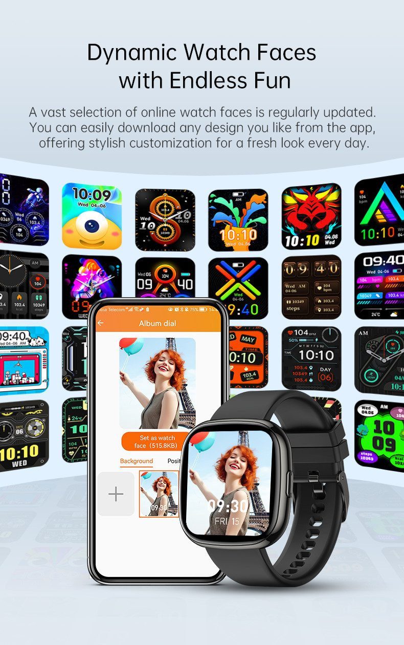 Zevelora Herren's und Damen's Telefonfunktion 300 mAh Akku IP68 Wasserdicht Smartwatch (1,72 Zoll, Android/iOS), Fitness Uhr mit 1,72" Display, Blutdruck, SpO₂ & 100+ Sportmodi