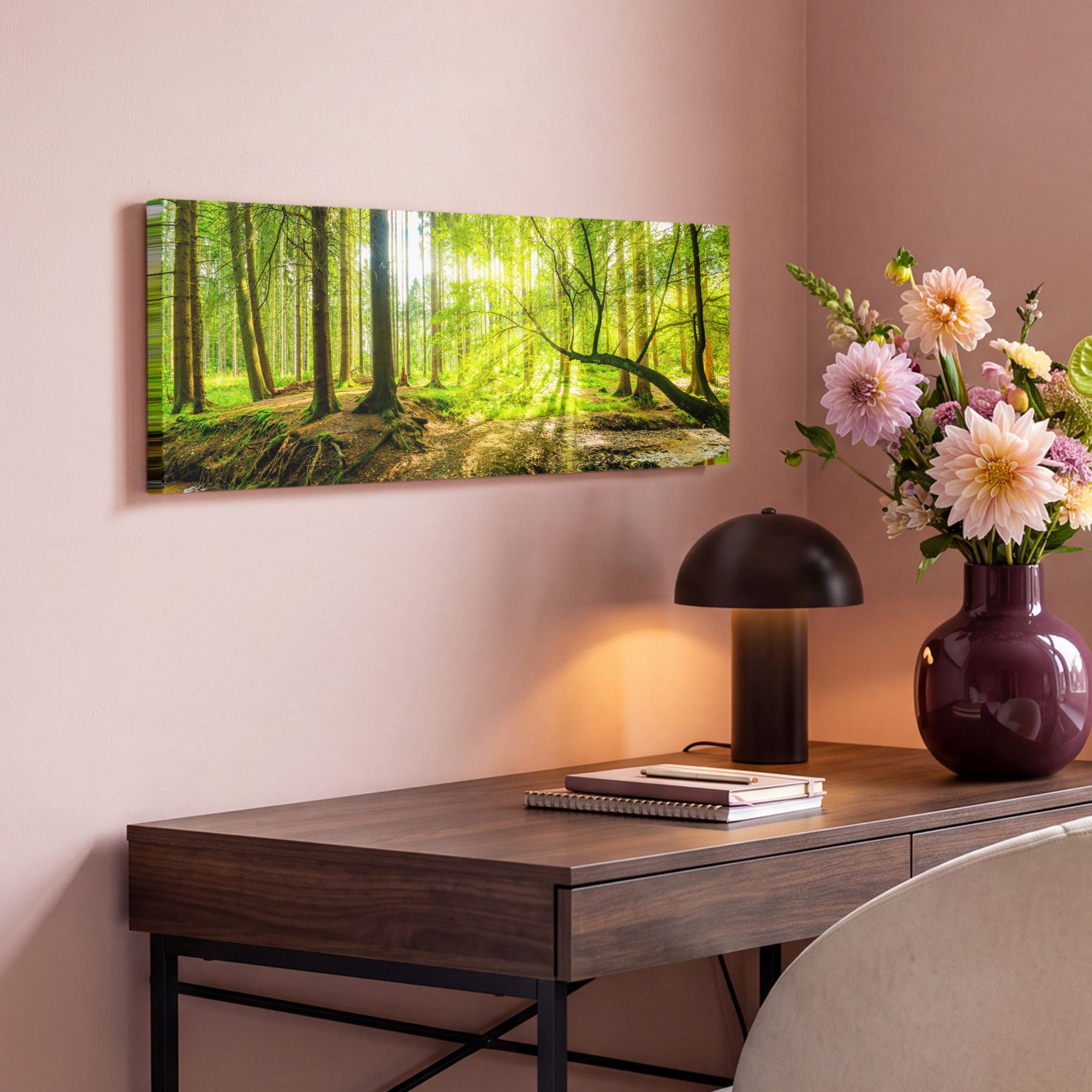 OneMillionCanvasses® Leinwandbild Panorama Wald - Landschaft - Wasser - Bäume - Sonne - Grün - Natur, Fotodruck (1 St), Wandbild, Deko Schlafzimmer Wohnzimmer F – Bild 4 von 5
