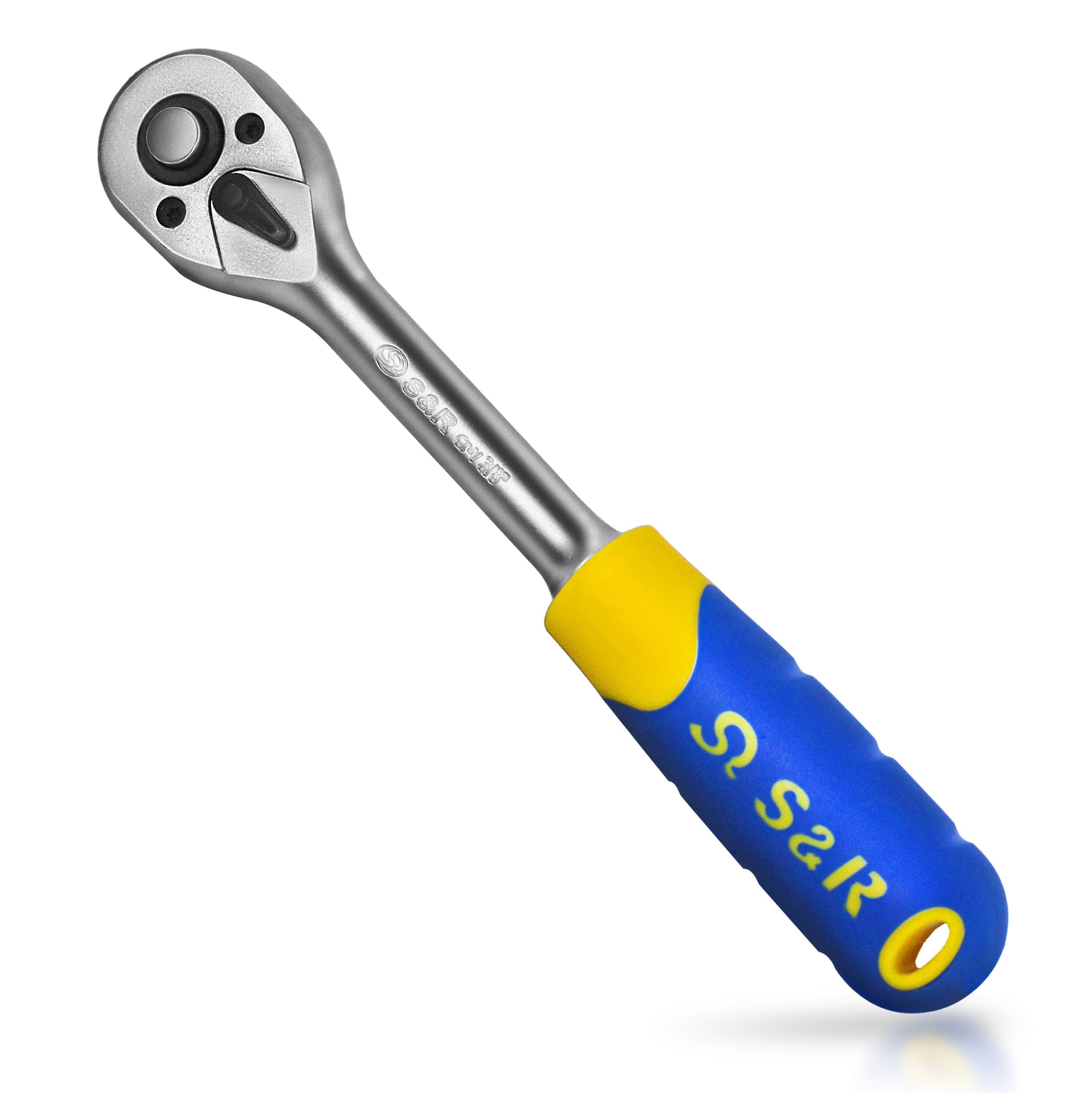 S&R Umschaltknarre 3/8', CrV-Stahl, umschaltbare Ratsche für Links- und Rechtsanzug, 2-Komponenten-Griff, Vierkantabtrieb, 45 Zähne, Betätigungswinkel 5°