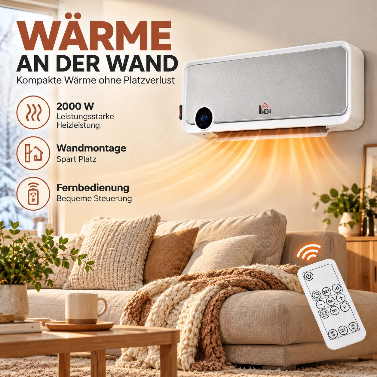 MIBODE Heizlüfter Heizlüfter Wandmontage 2000W mit Fernbedienung LED-Display 12h Timer, platzsparende Wandmontage; 30° Oszillation; Fernbedienung bis 5 m