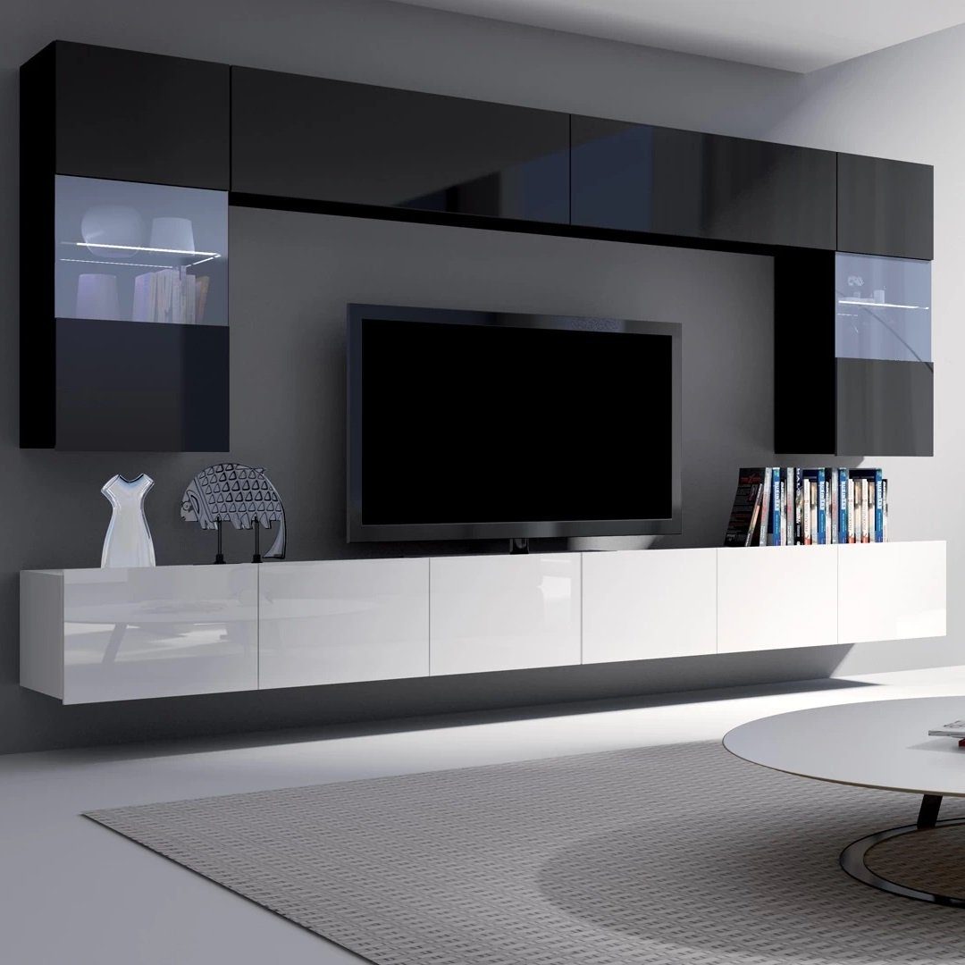 Furnix TV-Wand PUNE 1 Mediawand Möbelwand Wohnwand 6-teilig Farbauswahl, geräumig, 300 cm breit Weiß/Schwarz Glanz
