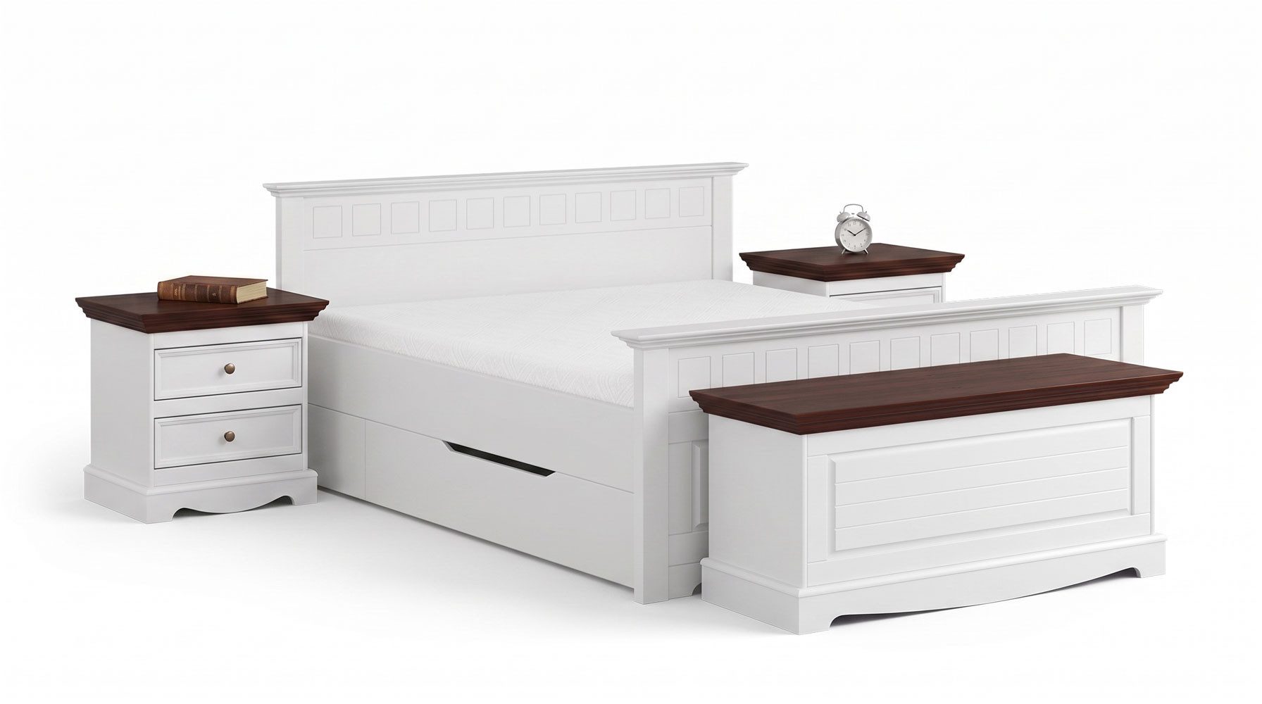 Feldmann-Wohnen Schlafzimmer-Set Belluno Elegante, (lackiertes finnisches Kiefernholz, mit Schubladen, 6-tlg., moderne Optik, 6-teiliges Schlafzimmer-Set, mit Schubladen), Massivholz 120x200cm Kiefer Weiß / Gebeizt Nussbaum