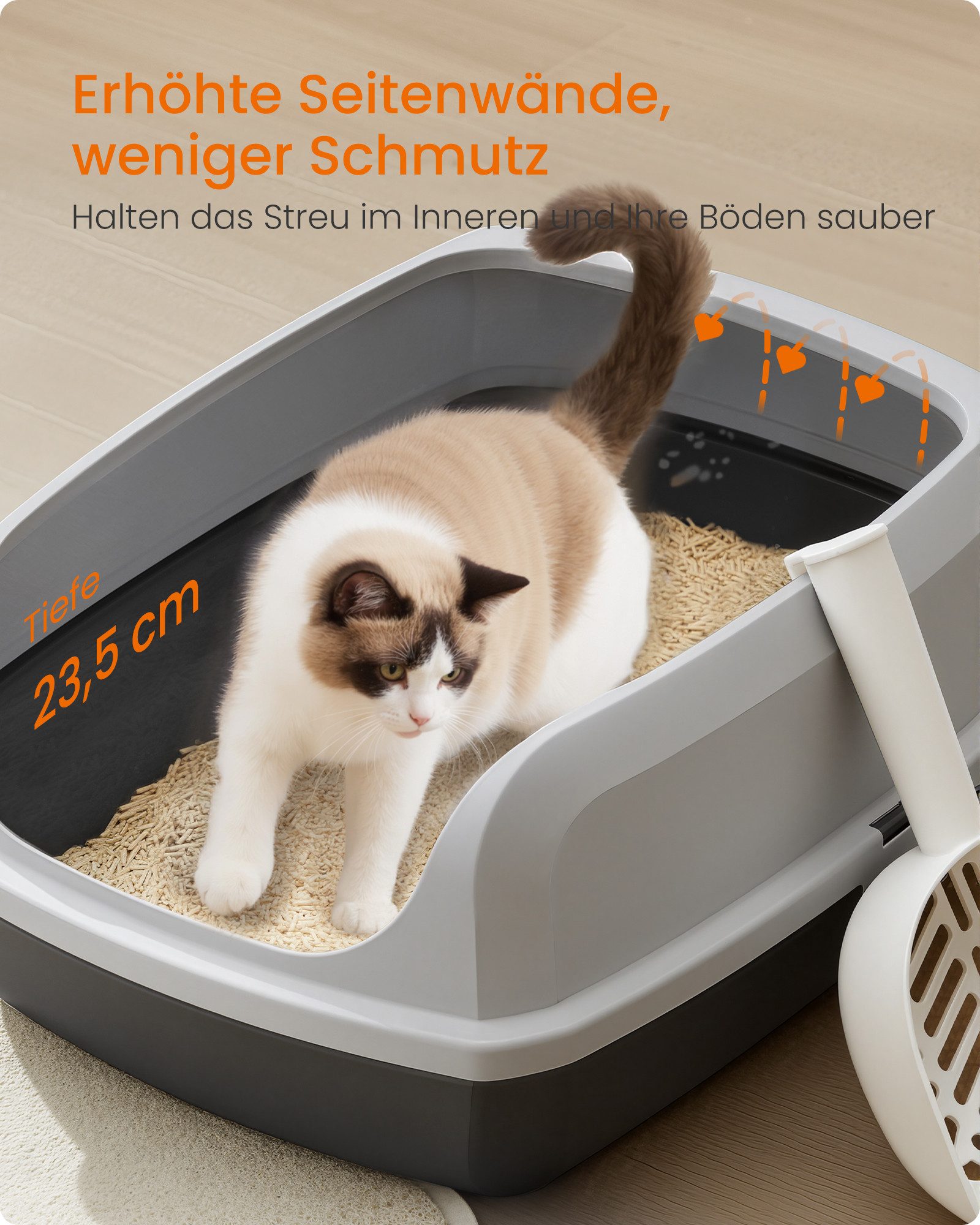 FEANDREA Katzentoilette Katzenklo, offene Katzentoilette, für Kätzchen und große Katzen, mit hohen Seitenwänden, XXL, mit Schaufel, 56 x 42 x 23,5 cm