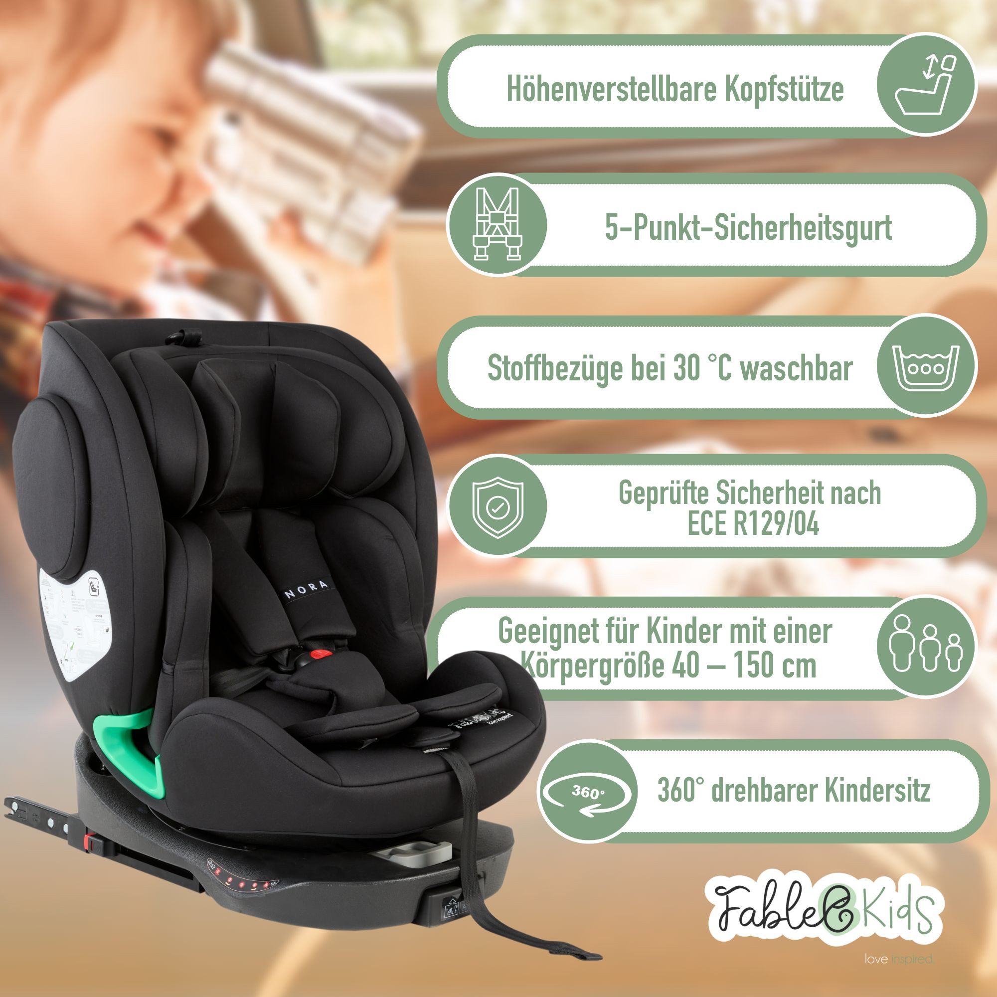 FableKids Autokindersitz Autositz Kinderautositz 360° drehbar Isofix 40-150 cm, ab: Geburt, bis: ca. 12 Jahre, ab: 40 cm, bis: 150 cm