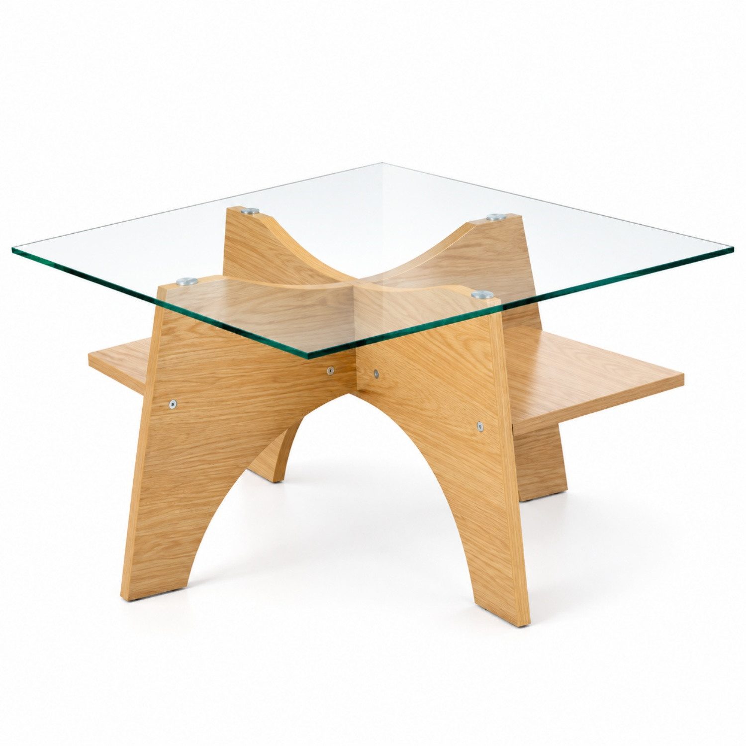 ANYSUN Couchtisch Couchtisch Glas 80x80 cm, quadratisch, mit Ablagefach, Holzoptik, Sicherheitsglas, 2 offene Fächer, bis 120 kg, für Wohnzimmer &