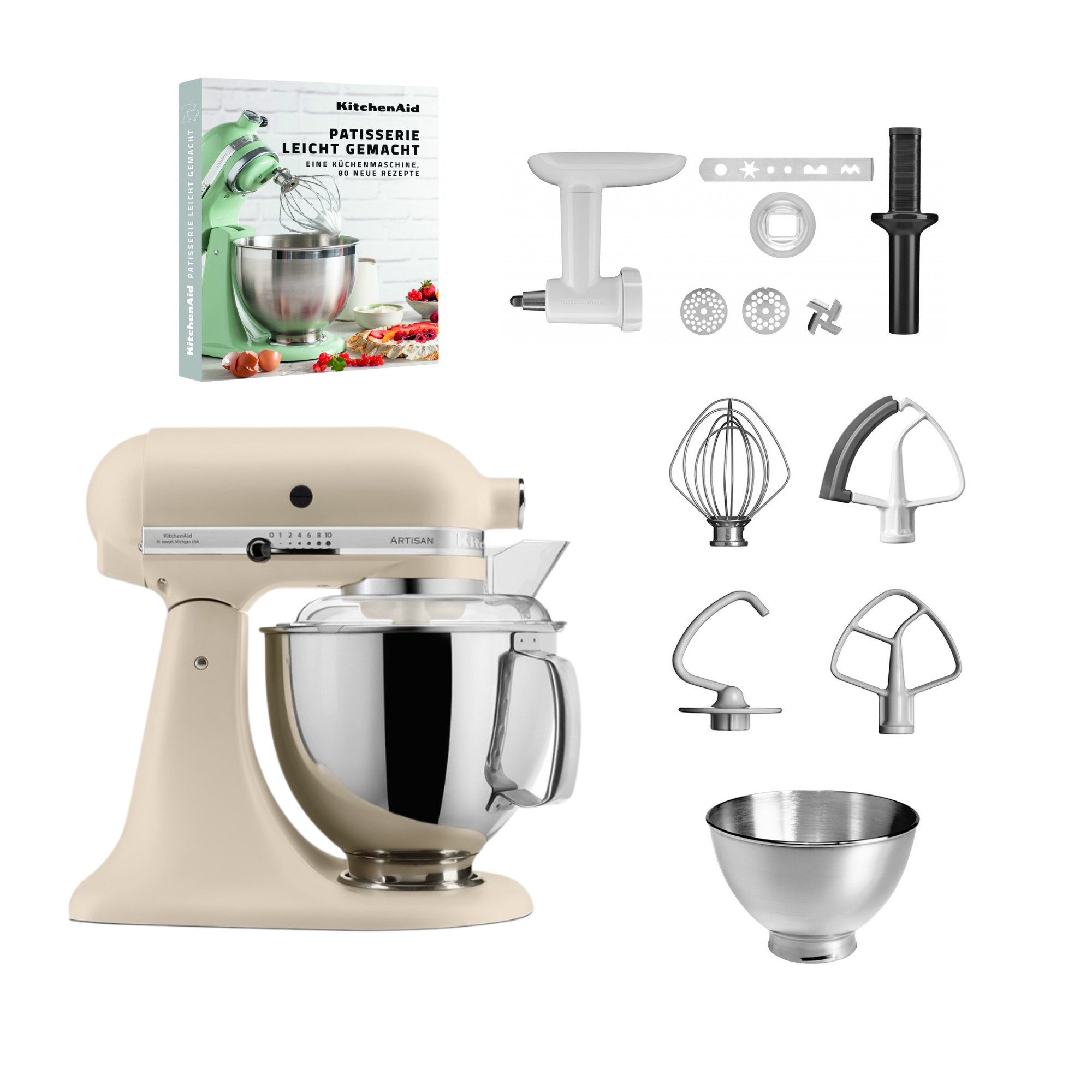 KitchenAid Küchenmaschine KitchenAid 4,8l 5KSM175 Artisan Fleischwolf, Spritzgebäckvorsatz, Buch