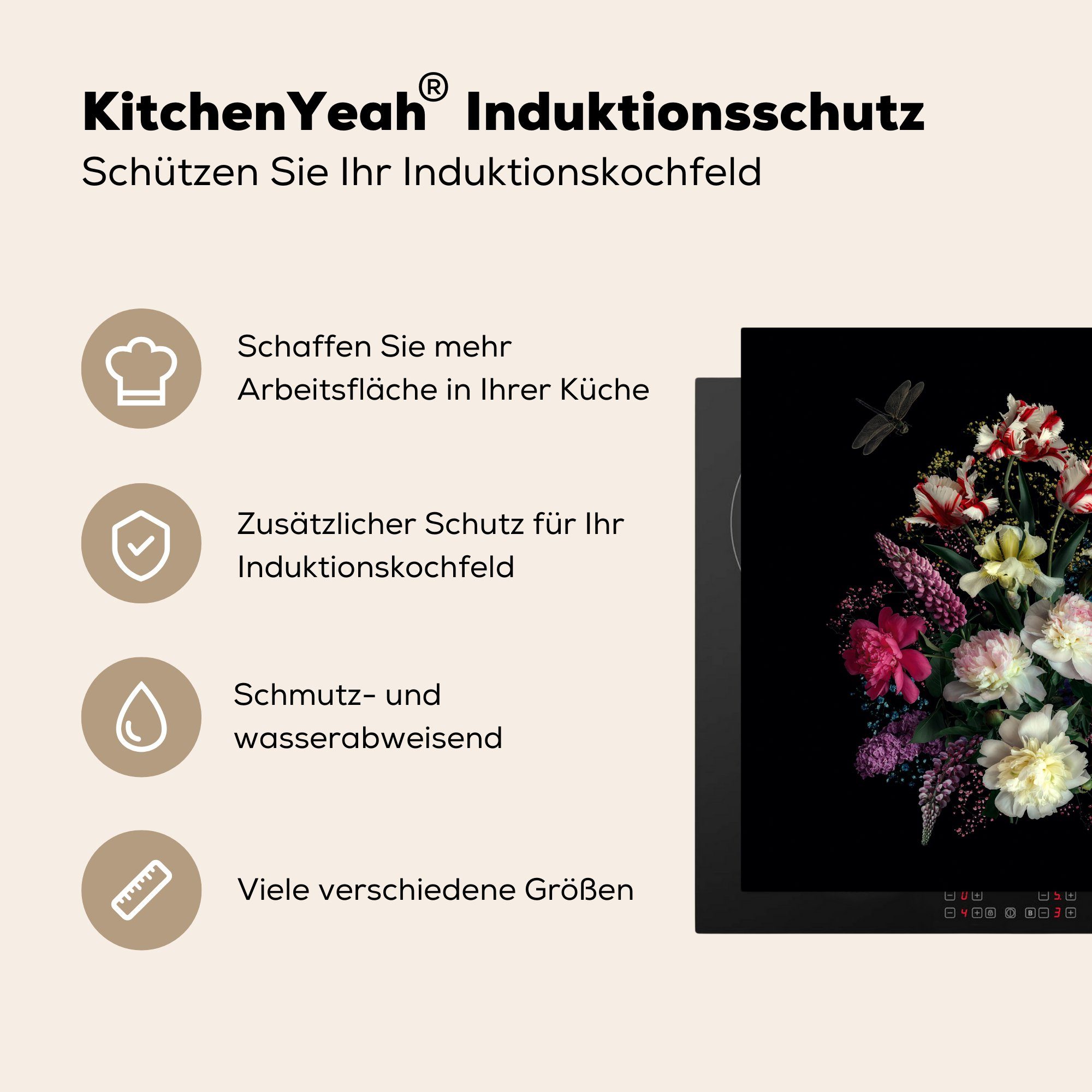 Stilleben, 78x78 MuchoWow tlg), Arbeitsplatte cm, (1 - Ceranfeldabdeckung, küche - Vinyl, Blumen Schmetterling für Herdblende-/Abdeckplatte