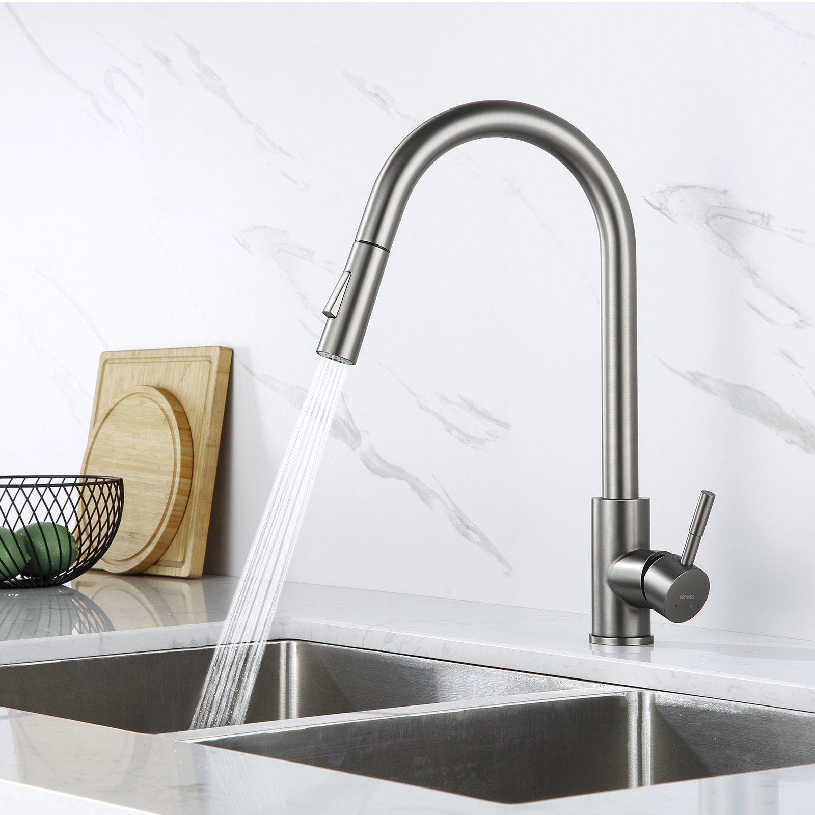 Lonheo Küchenarmatur 360° Küchenarmatur mit Ausziehbar Wasserhahn Spültischarmatur Grau