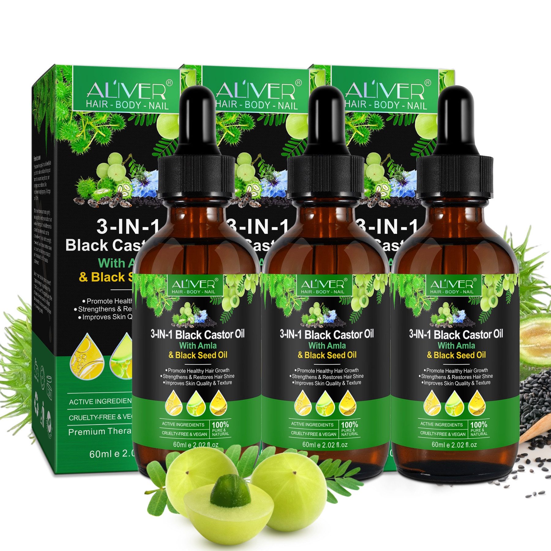 ALIVER Haaröl Haaröl Haarpflege Ätherisches Öl Rizinusöl Amlaöl Schwarzkümmelöl, 3-tlg., Rizinusöl, Amla Öl, Schwarzkümmelöl