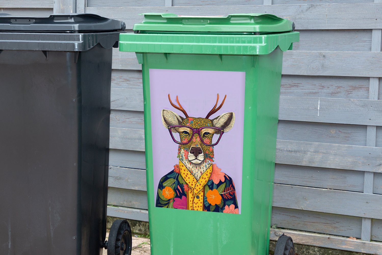 Container, Blumen Mülltonne, - MuchoWow Hirsche Hippie (1 Abfalbehälter Wandsticker St), Sticker, Mülleimer-aufkleber, Tiere - -