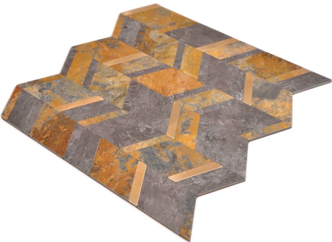 Mosani Mosaikfliesen selbstklebende Wand Fliesen Vinyl Steinoptik Pfeiloptik rost gold