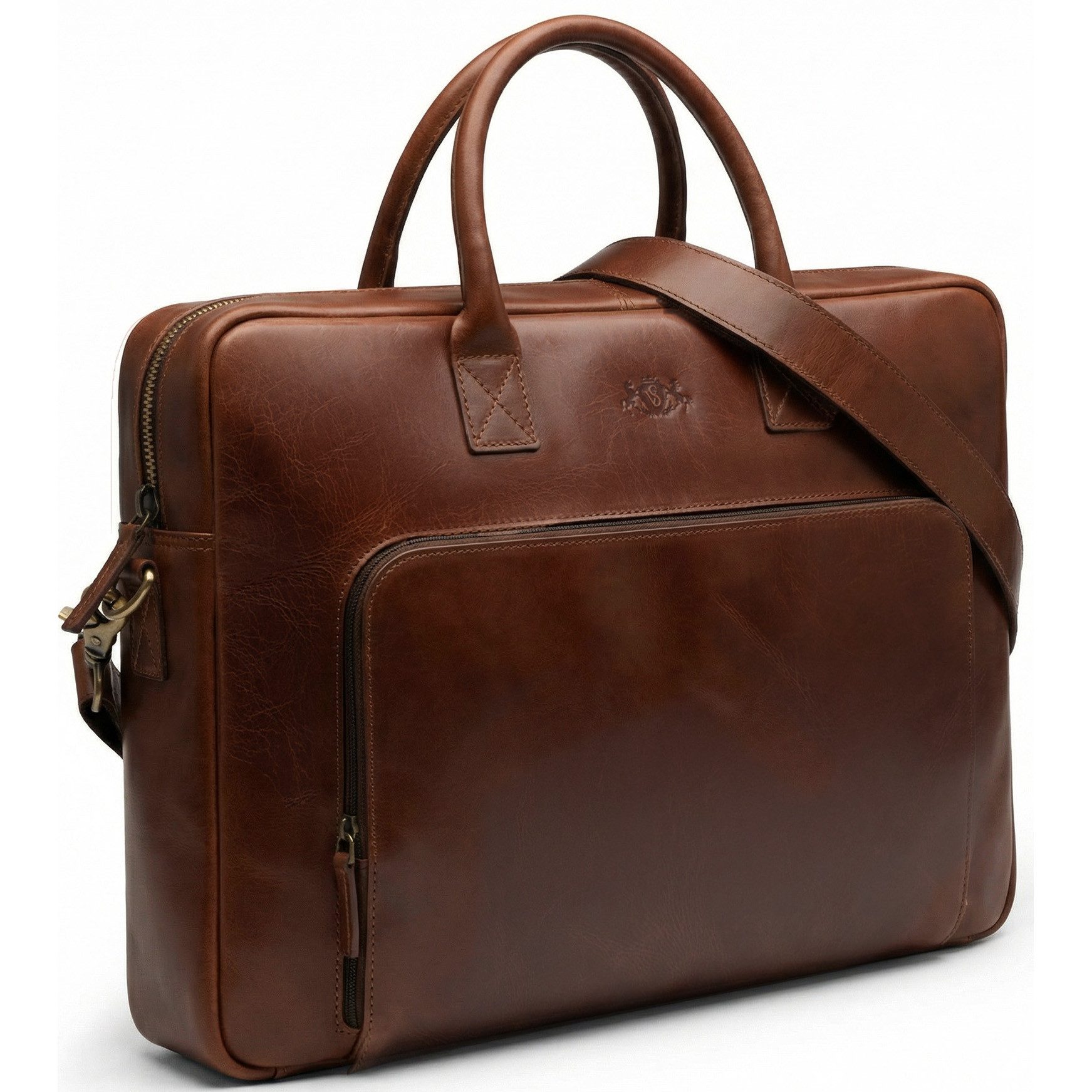 SID & VAIN Messenger Bag echt Leder Aktentasche groß 17 Zoll braun Umhängetasche Business, Laptoptasche 17 Zoll, Arbeitstasche Umhängetasche Herren braun-cognac