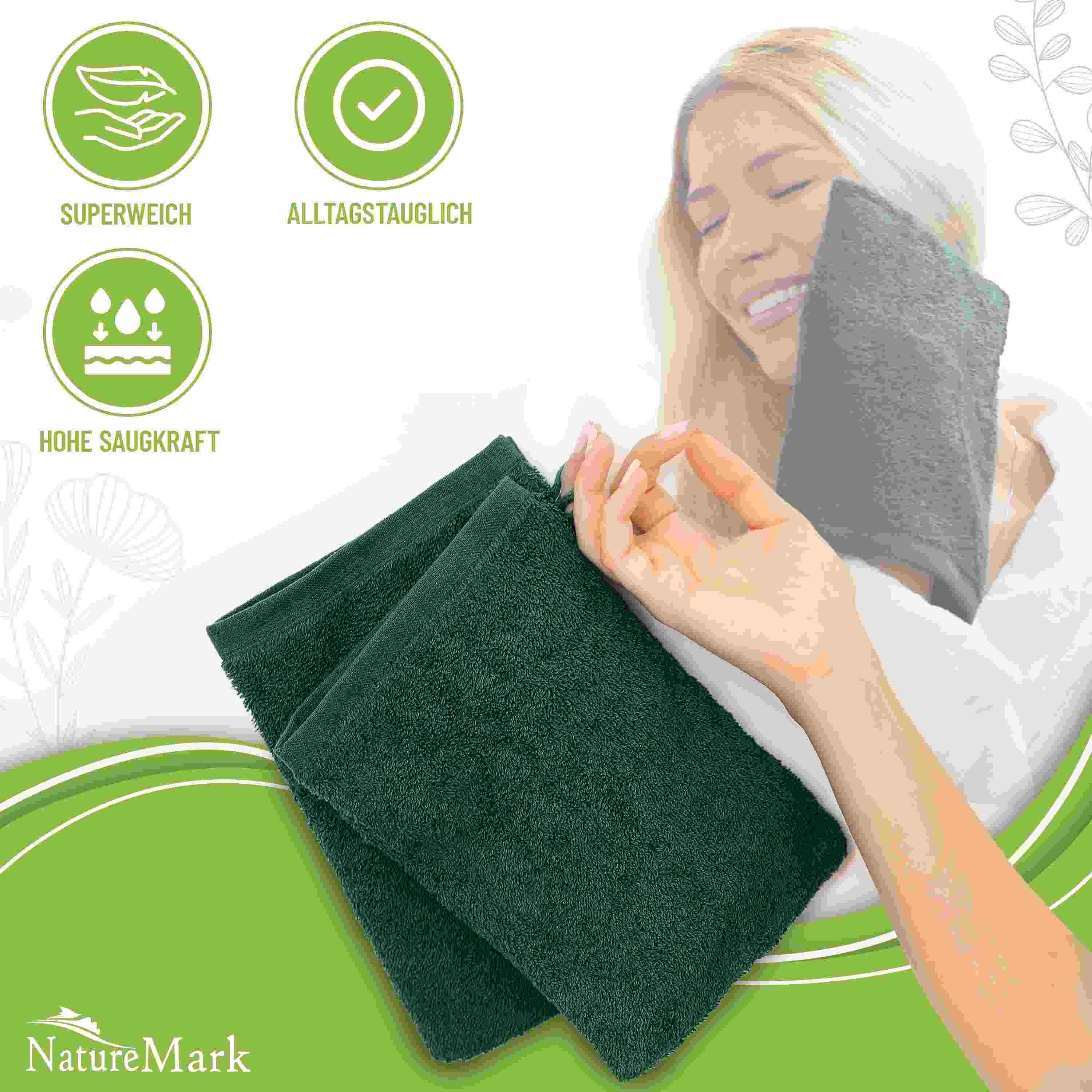 NatureMark Waschhandschuh 10er-Set Frottier Waschhandschuhe, 100% Baumwolle (10-St), Premium Frottier Waschhandschuhe, 15x21cm, Dunkel grün