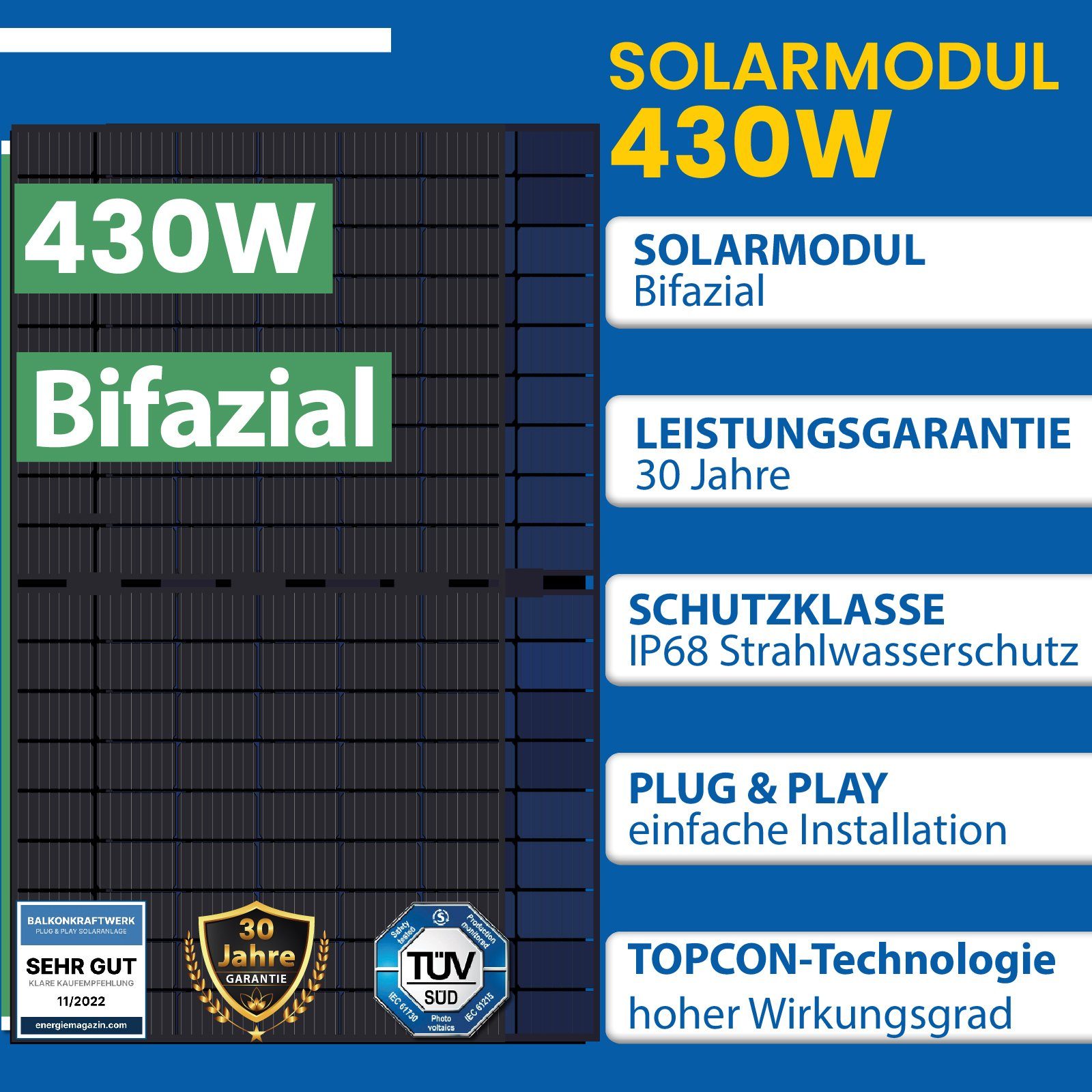 Wechselrichter, und Schukostecker) Mini-PV 10m EPP.Solar Anlage, (Mit Monokristallin, Balkonkraftwerk 430W DTU-WLite-S Solaranlage Bifazial Komplettset HMS-400-1T Balkon