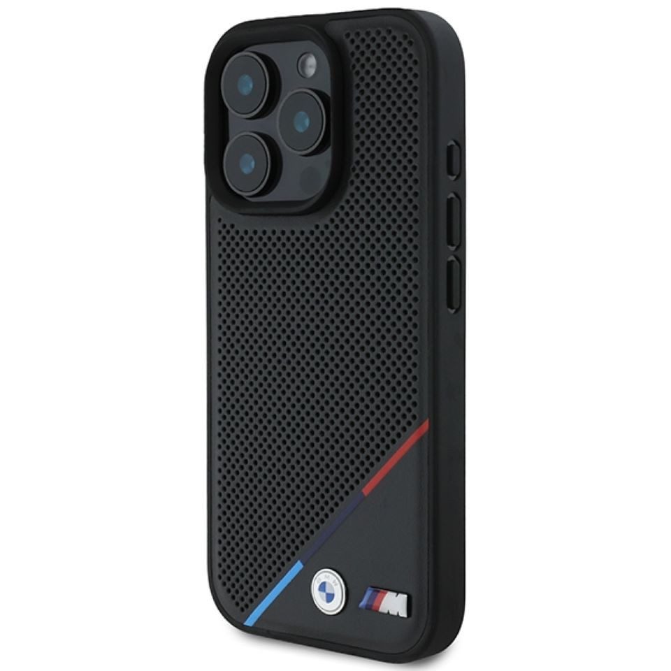 BMW Handyhülle iPhone 16 Pro Kunstleder Tricolor schwarz MagSafe Logo Metall 6,3 Zoll, Kantenschutz